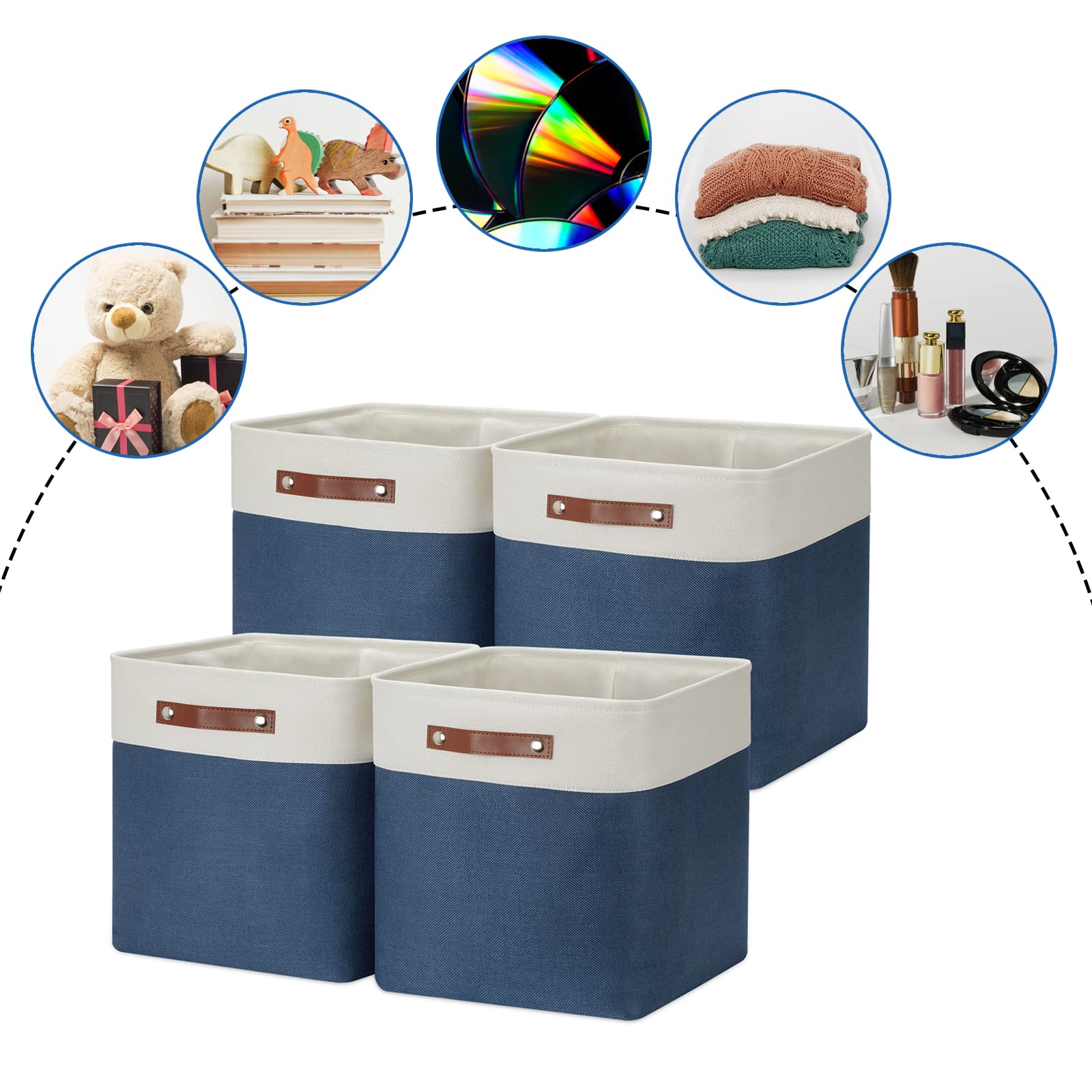DULLEMELO Storage Baskets for Shelves Closet Storage Large Home Organization Bins for Gifts Empty Foldable Fabric Storage Cubes Baskets for Nursery Toy Towels Clothes Storage(White&Blue) Cube-13 inches x13 inches x13 inches