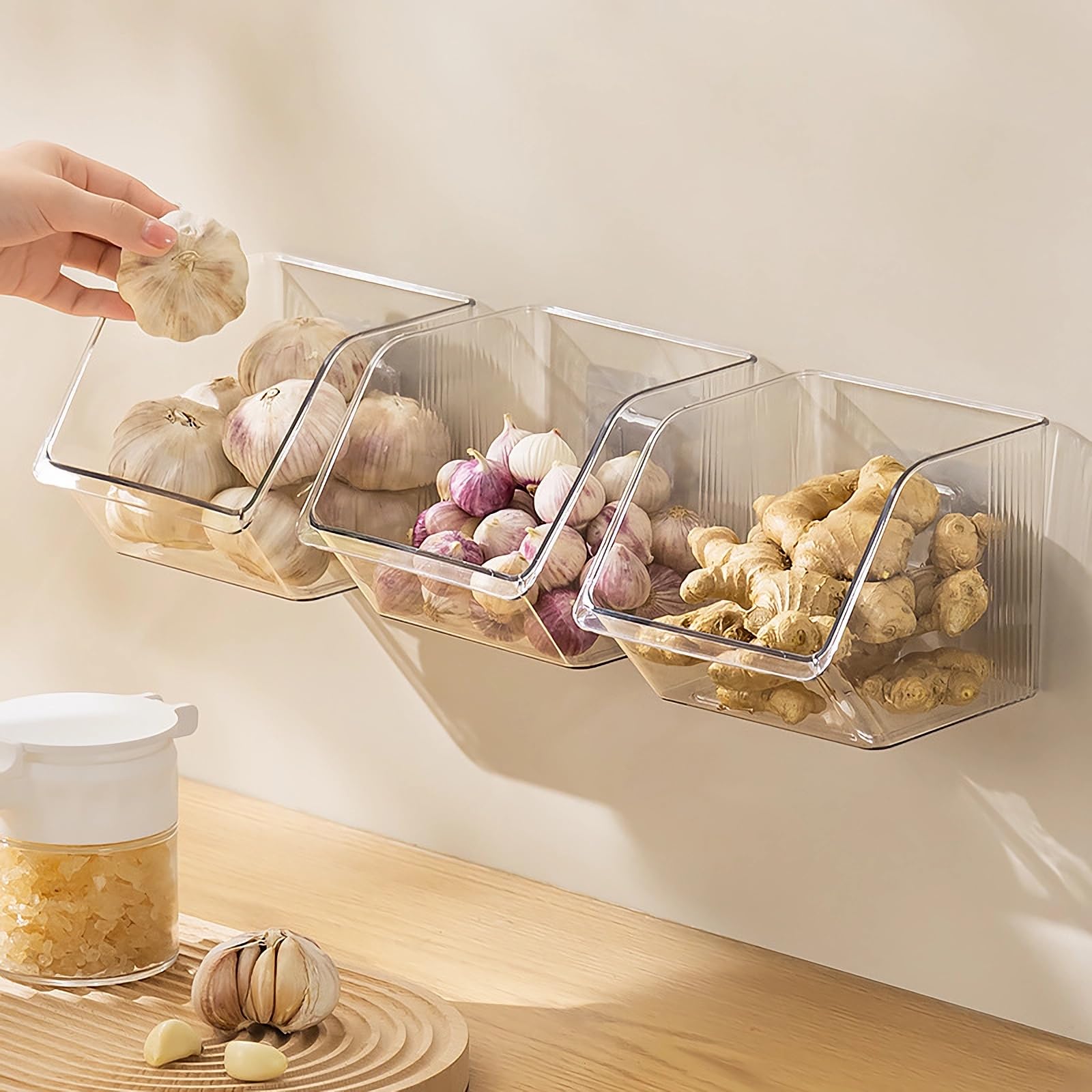 Veefos 3Pack Small Clear Storage Baskets, Adhesive Kitchen Wall Organizers And Storage Shelves Wall Mount, Plastic Storage Bin 