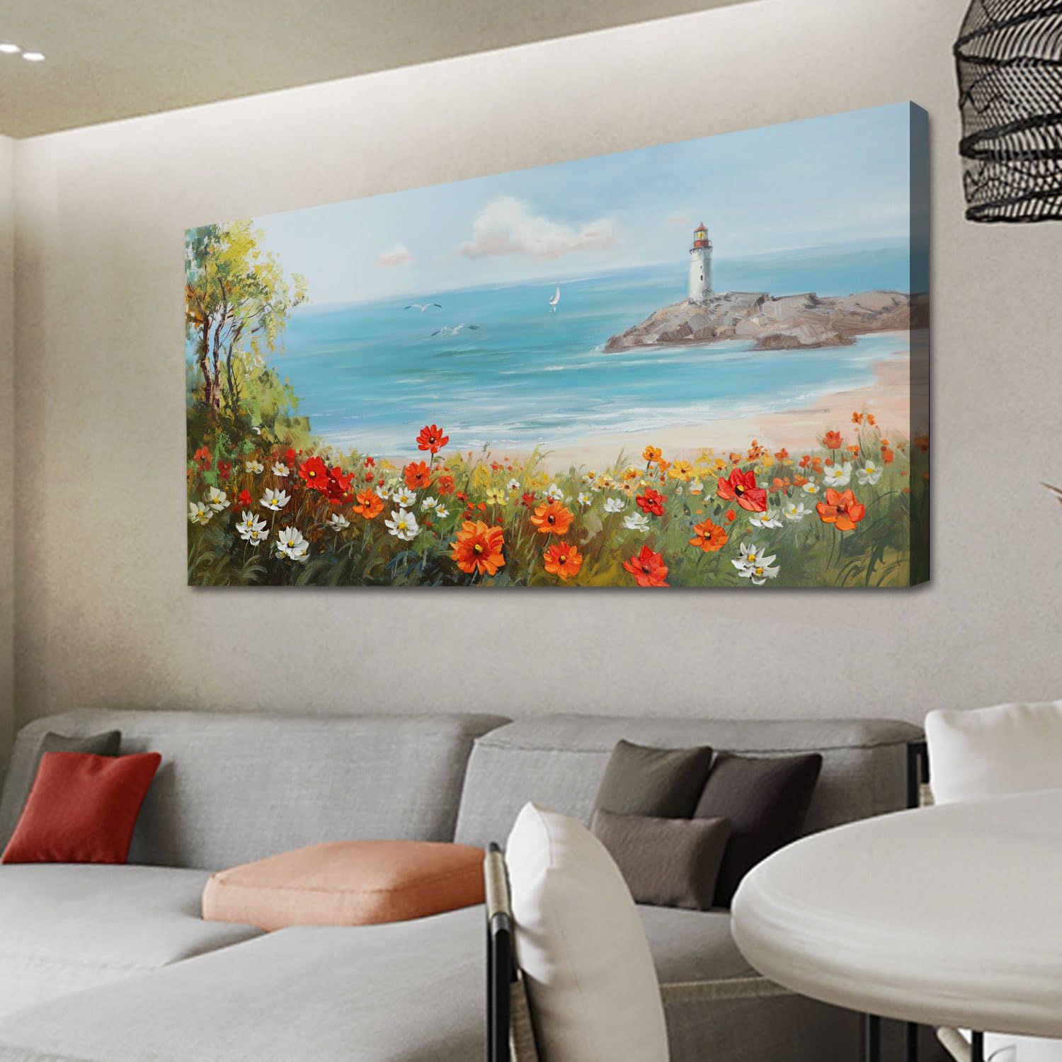 Ardemy Flowers Wall Art Canvas Blue Ocean Lighthouse Painting Seascape Landscape Coastal Picture Textured Floral Artwork Large F