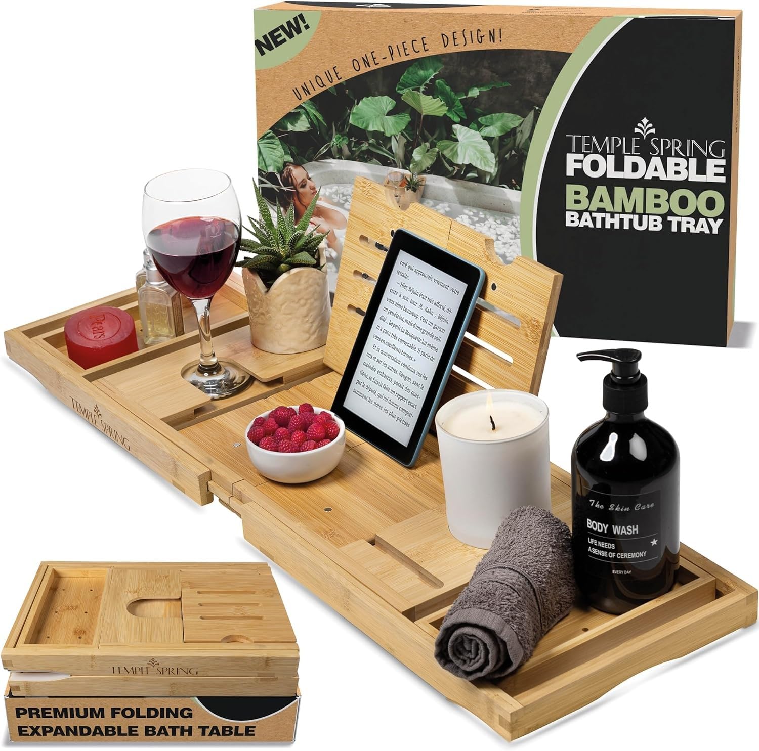 Temple Spring Foldable Bathtub Tray, Unique Design Selfcare Bathroom Caddy, Bamboo Spa Bathroom Tray, Wooden Bathtub Accessories