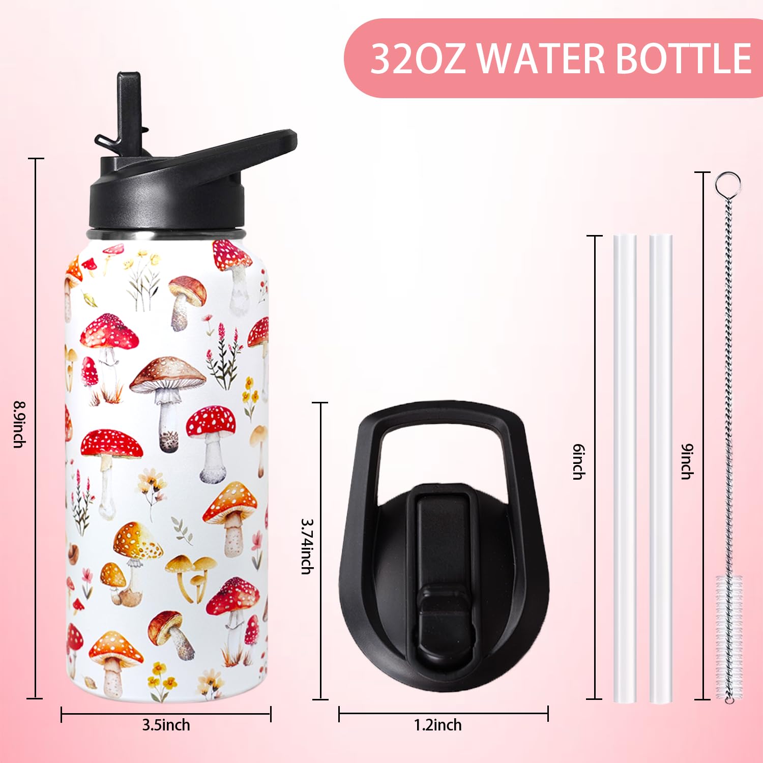 32oz Mushroom Stainless Insulated Aater Water Bottle with Straw,Mushroom Gym Hiking Sports Coffee Mug Cup Water Bottles,Mushroom