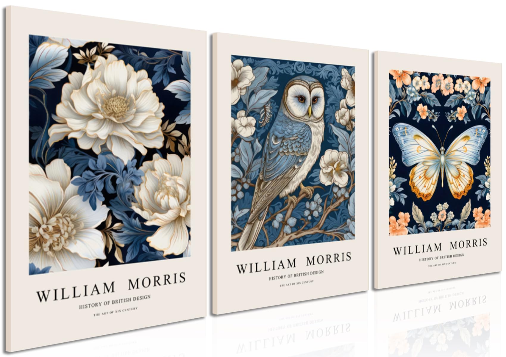 Akwish William Morris Canvas Wall Art, Blue And White Vintage Owl Wall Art, Butterfly Flower Wall Home Decor Poster Prints Set O