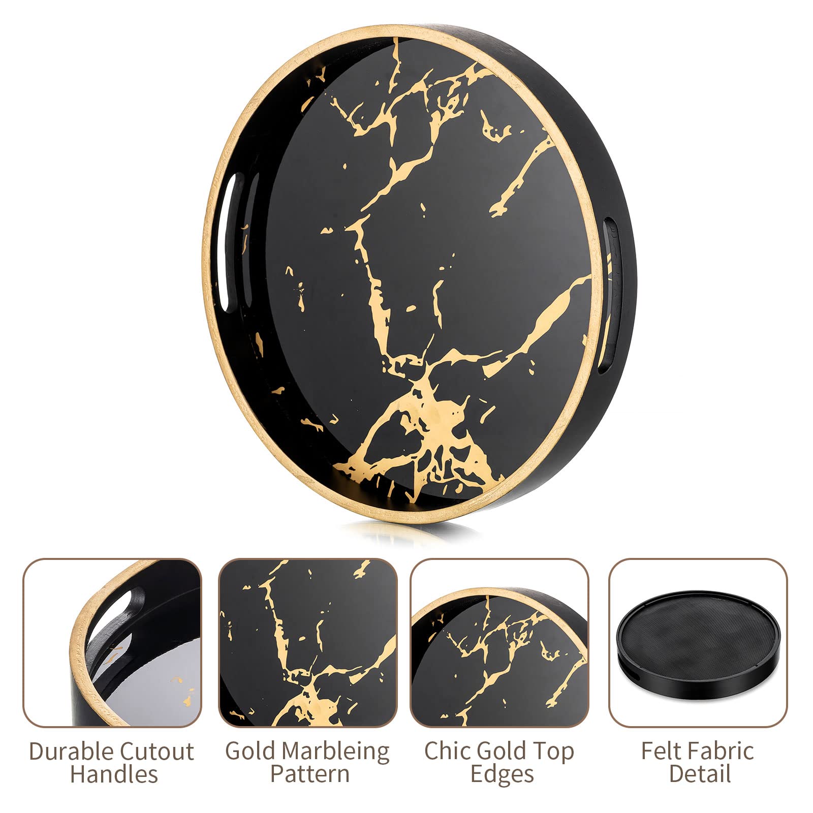 Hanobe Round Decorative Coffee Tray: Marble Pattern Serving Circle Tray With Handles Coffee Table Trays For Living Room Bar Drin