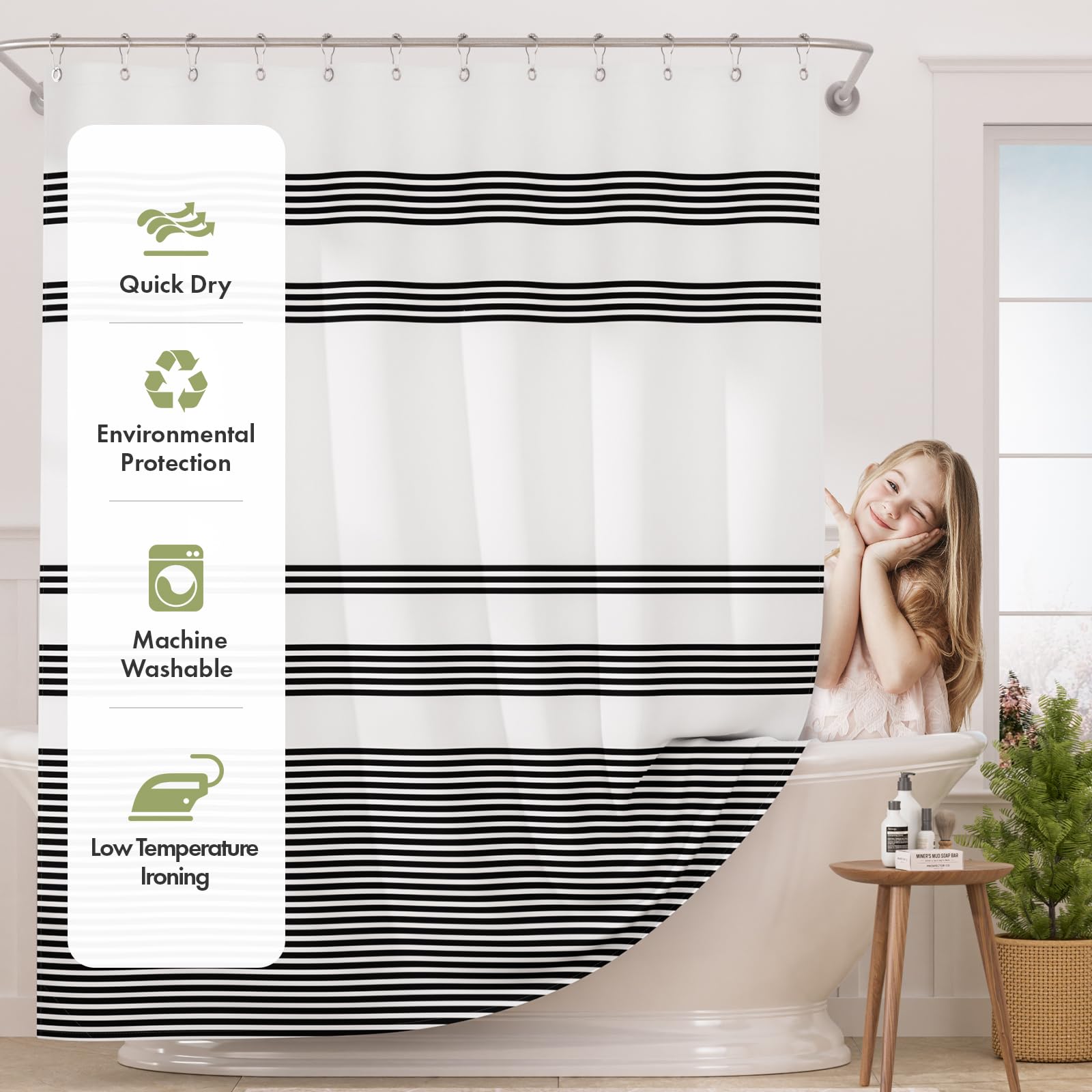 AmazerBath Shower Curtain Sets  Washable Cloth Black Shower Curtain with 12 Hooks  Fabric Rustic Black and White Striped Farmhouse Bathroom Shower Curtain  72x72 Inches