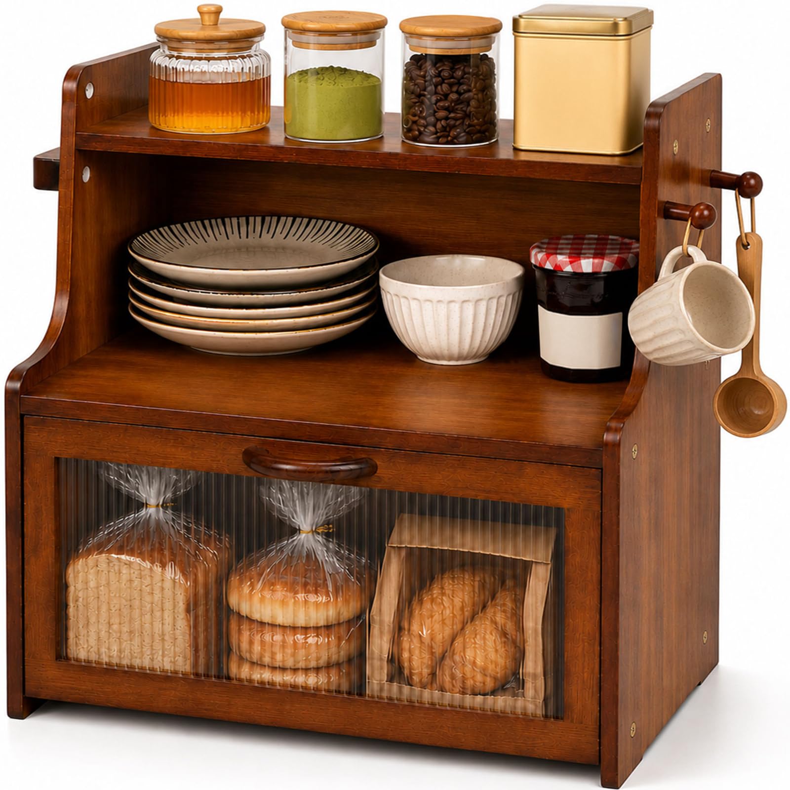 Plusinthebox Brown Bread Box for Kitchen Countertop, Wooden Bread Storage Container with Shelf, Coffee Bar Organizer and Bread K