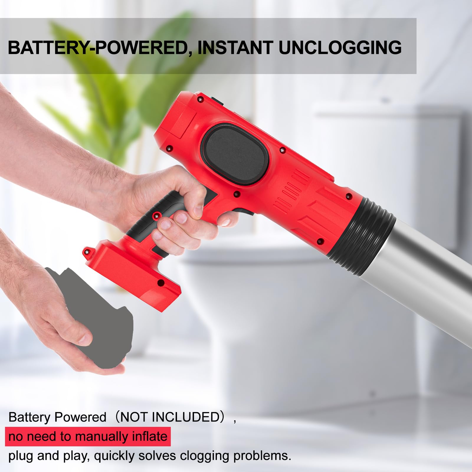 Cordless Electric Toilet Plunger Pro Compatible For Milwaukee M18 Li-Ion Battery (Battery Not Included) - Heavy Duty Unclogger W