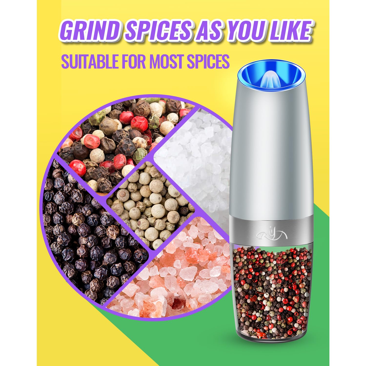 Rongyuxuan Gravity Salt And Pepper Mill Set,Electric Automatic Pepper Grinder Mill Shaker With Battery Powered,Stainless Steel,B