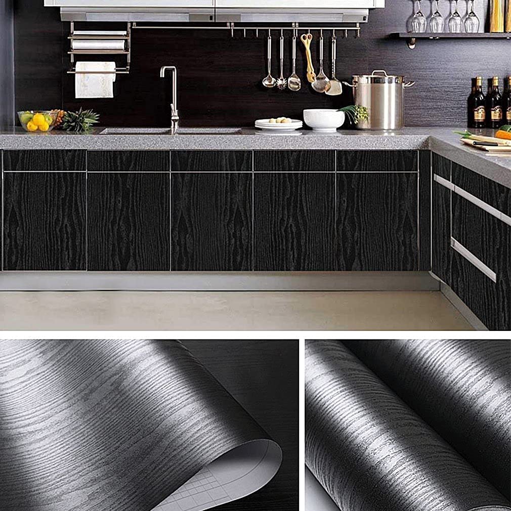 practicalWs Black Wallpaper Peel and Stick Wood Wallpaper 17.7'' x 393.7'' Self Adhesive Cabinets Contact Paper Wood Vinyl Wrap for Kitchen Countertop Drawer