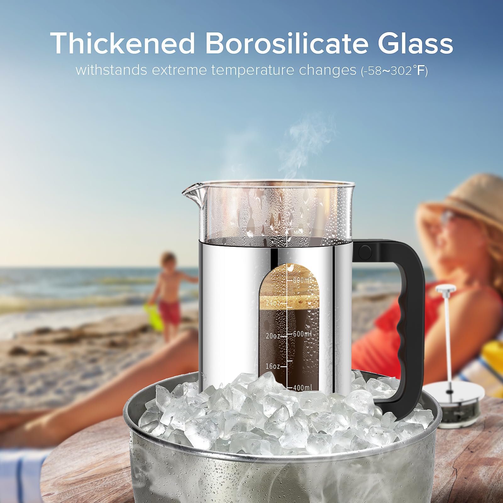 French Press Coffee Maker, 304 Stainless Steel Cold Brew Coffee Maker With 4 Filter, Heat Resistant Borosilicate Glass, Easy To
