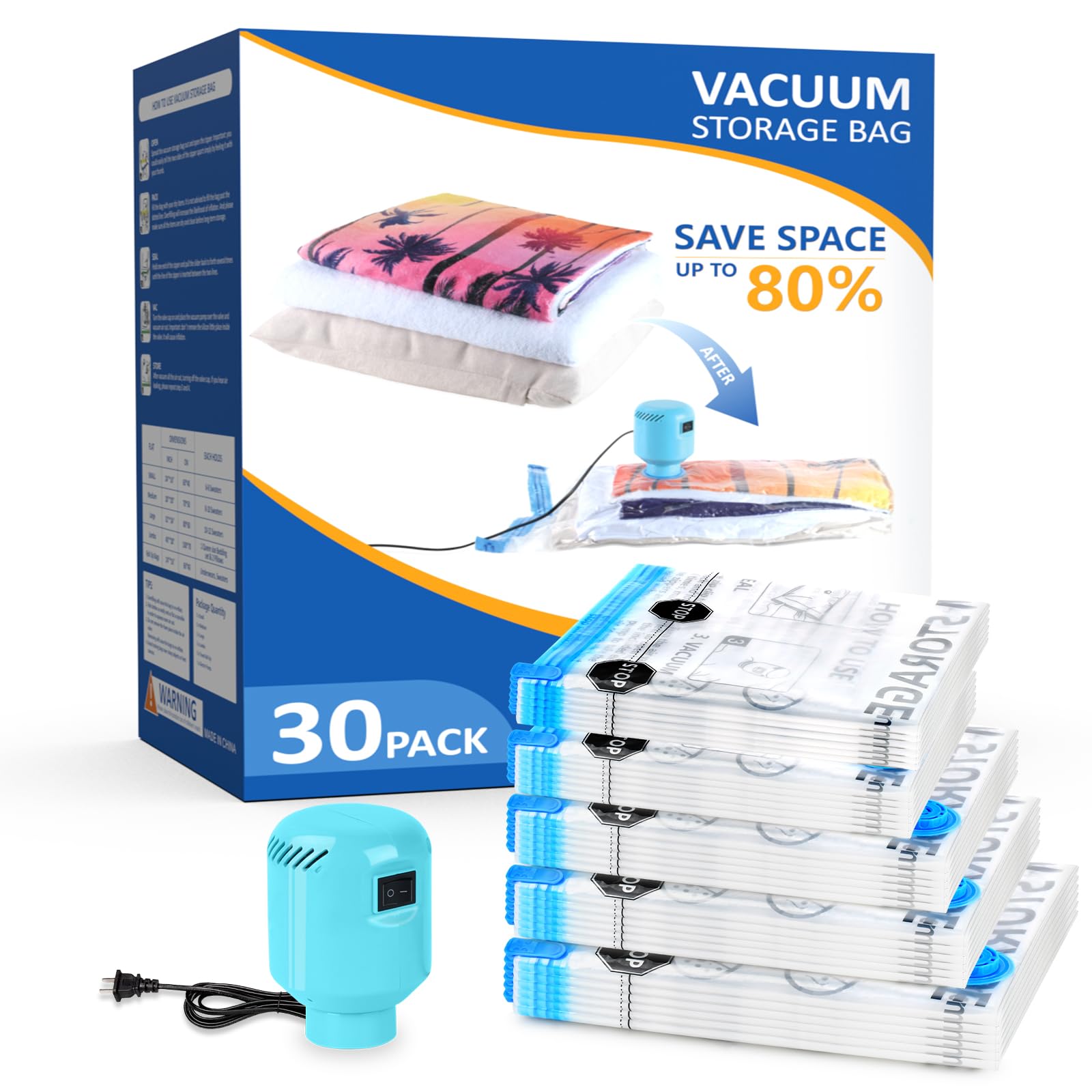 Zpp Vacuum Storage Bags With Electric Pump, 30 Pack (6 Jumbo, 6 Large, 6 Medium, 6 Small, 6 Roll Up Bags) Vacuum Seal Bags For C