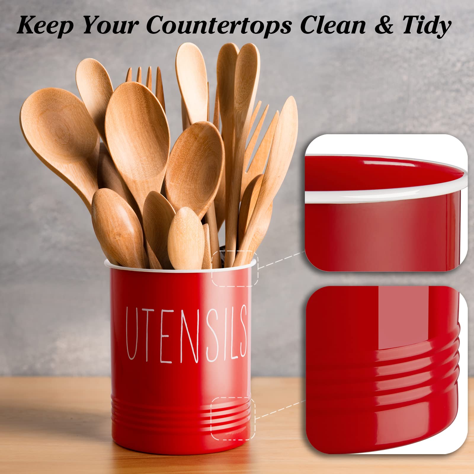 Bivvclaz Kitchen Utensil Holder - 6.7'' Utensil Holder For Kitchen Counter - Cooking Utensil Crock With Cork Bottom - Red Kitche