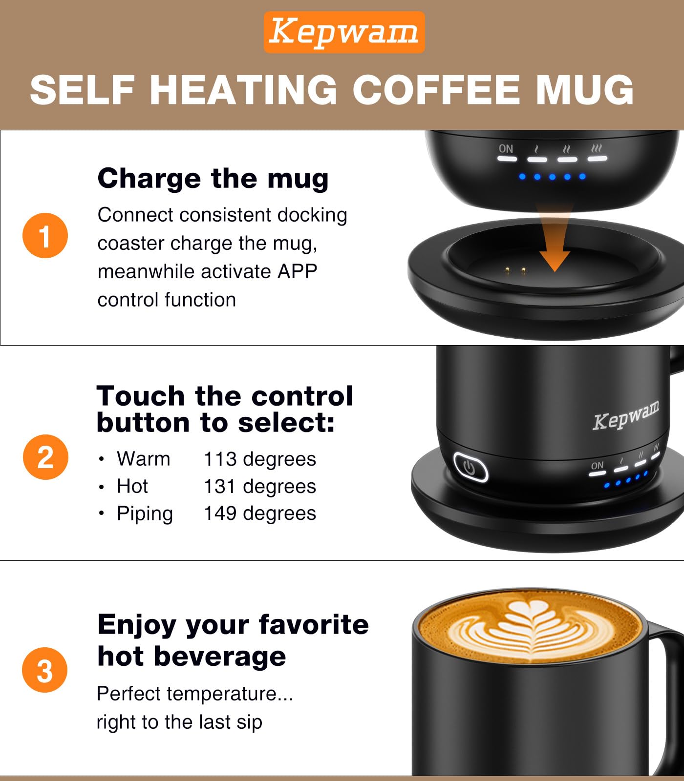 Kepwam Self Heating Coffee Mug 16Oz, Smart Temperature Control Coffee Mug, Hot Up To 149? With 180 Min Battery Life - Touch & Ap