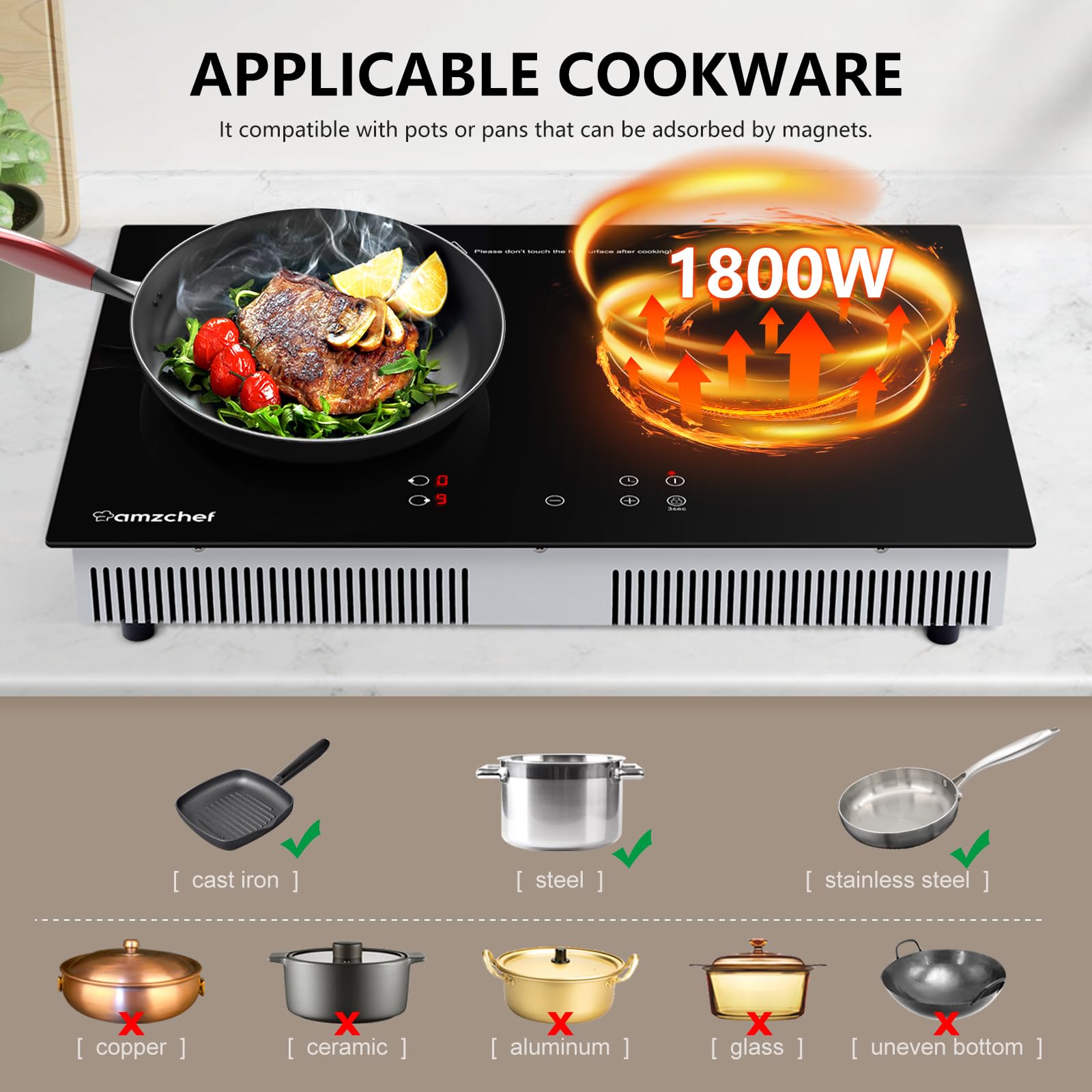 Double Induction Cooktop AMZCHEF Induction Stove Top 2 Burners for RV  Built-in Electric Cooktops With 9 Power Levels  Sensor Touch  99-min Timer  Safety Lock  Ceramic Glass  120V  Shared 1800W