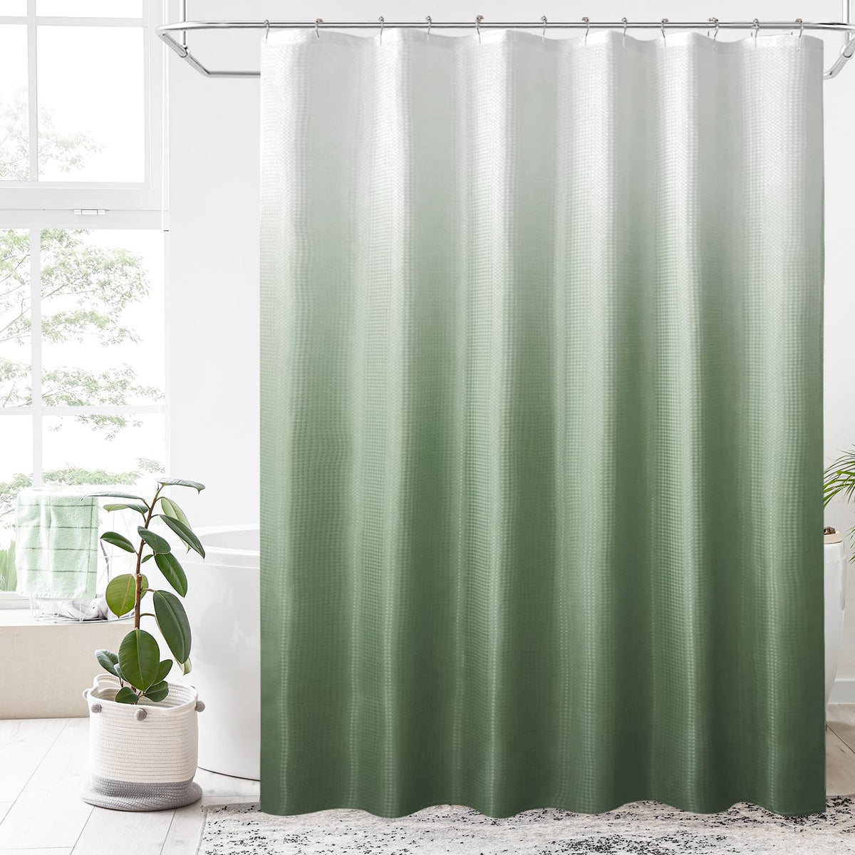 Bbiggood Sage Green Shower Curtain, Extra Long Shower Curtain 72 X 84 Inch, Ombre Waffle Shower Curtains For Bathroom, Waffle We