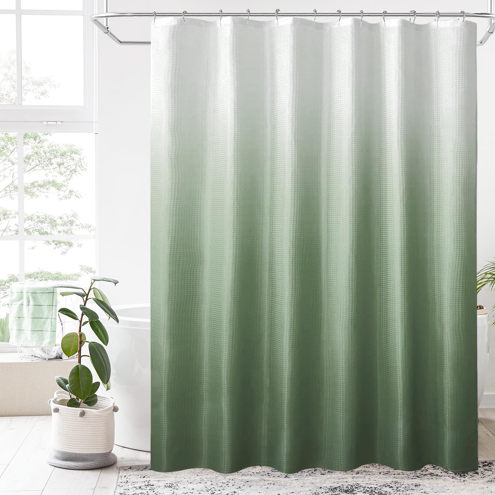 Bbiggood Sage Green Shower Curtain, Long Shower Curtain 72 X 78 Inch, Ombre Waffle Shower Curtains For Bathroom, Waffle Weave Fa