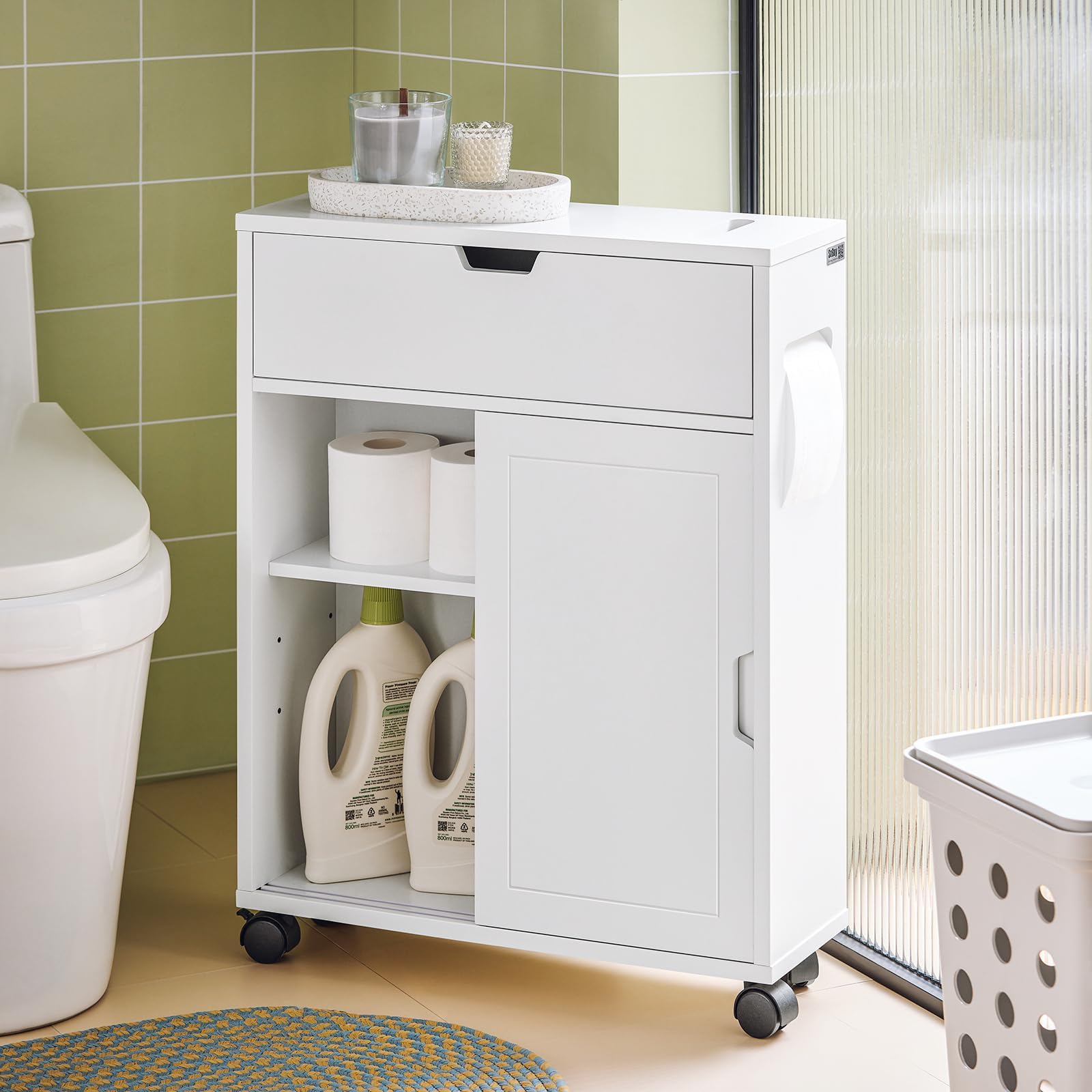 Haotian BZR31-W  White Toilet Paper Roll Holder  Bathroom Cabinet Storage Shelf on Wheels