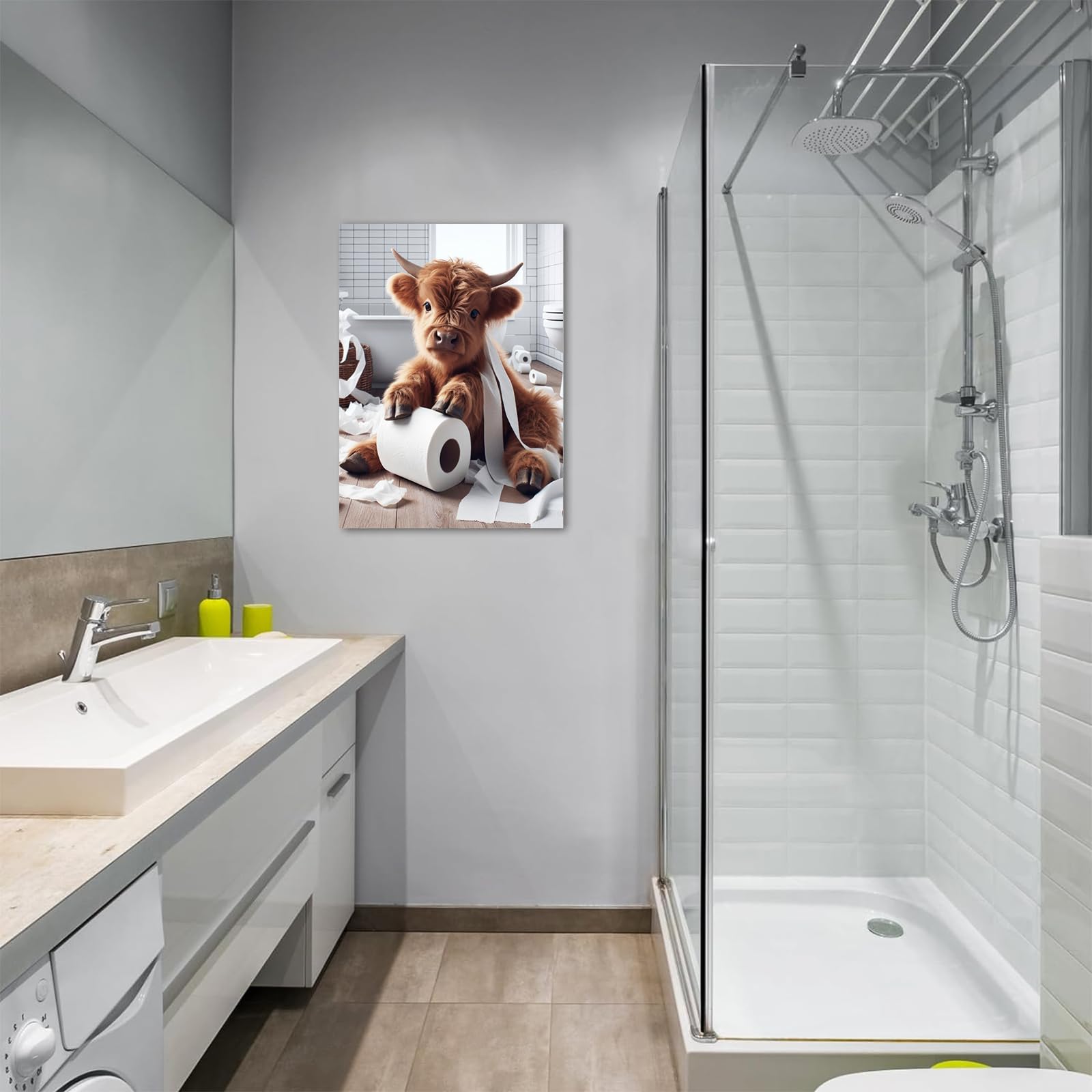 Framed Funny Bathroom Decor Wall Art,Bathroom Highland Cow In Toliet Paper Art Prints,Highland Cow Bathroom Pictures Wall Decor,