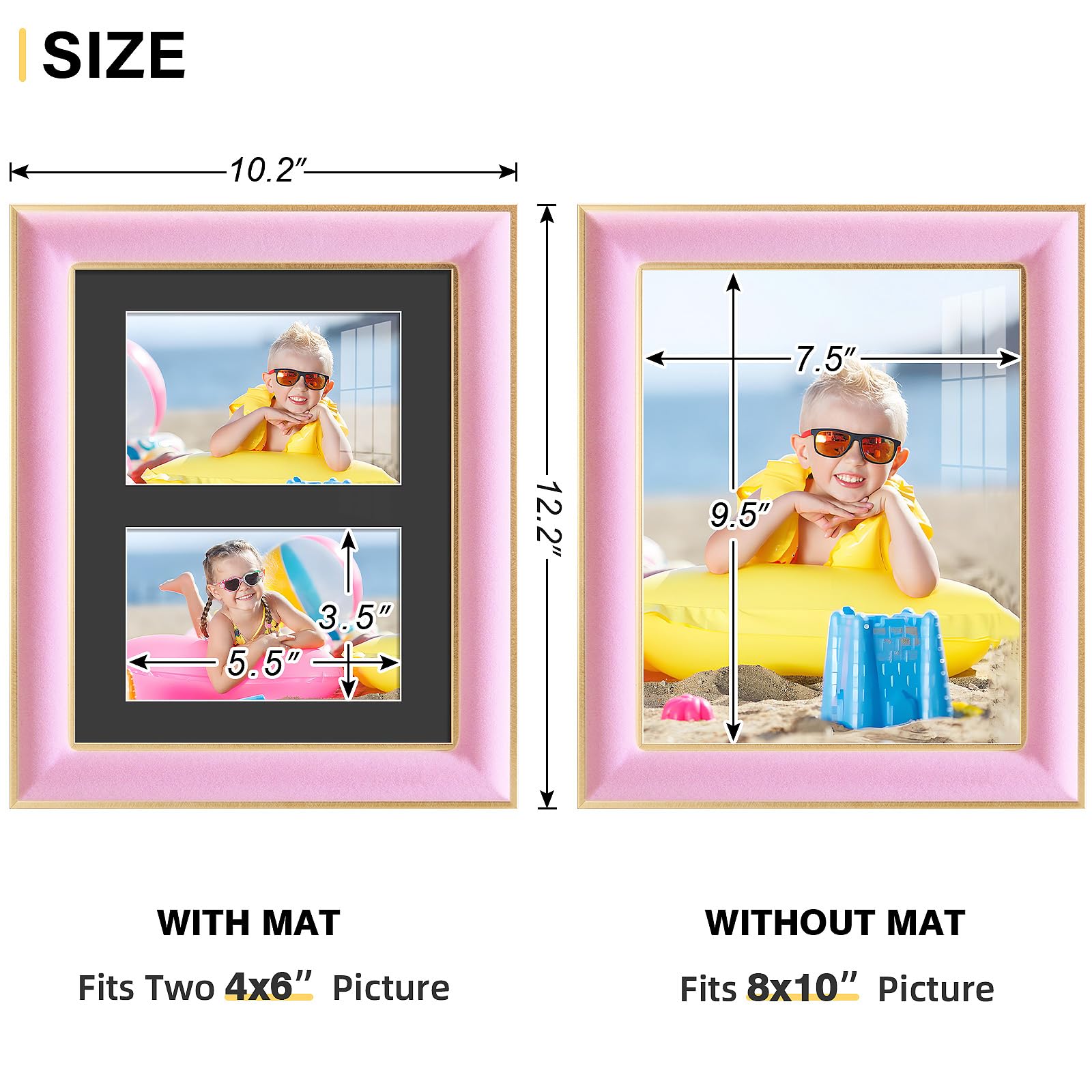 KSROECUD 8x10 Velvet Picture Frame with 2 Opening 4x6 Picture, HD Real Glass Pink Velvet Photo Frame with Black White Border Mat