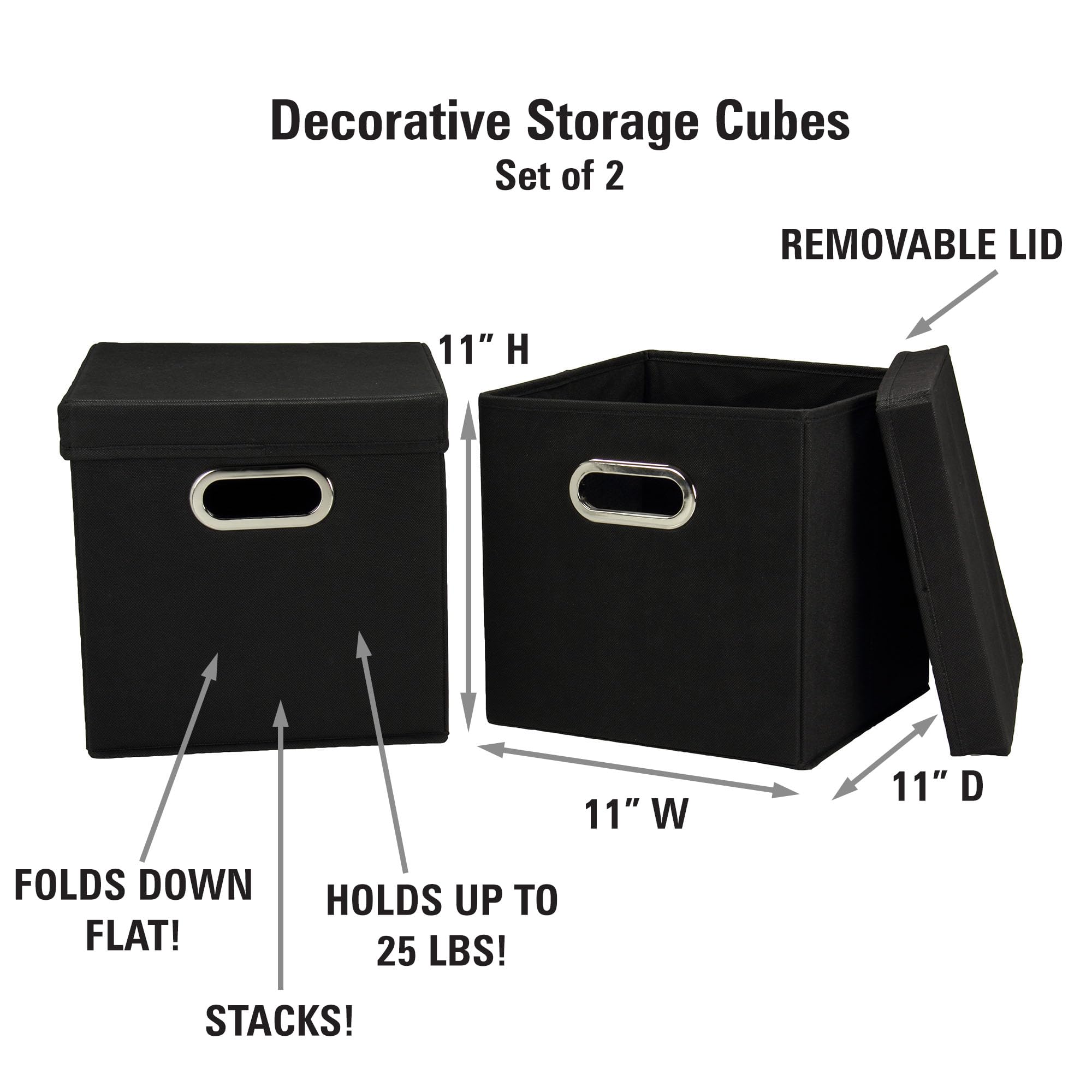 Household Essentials 34-1 Decorative Storage Cube Set With Removable Lids | Black | 2-Pack