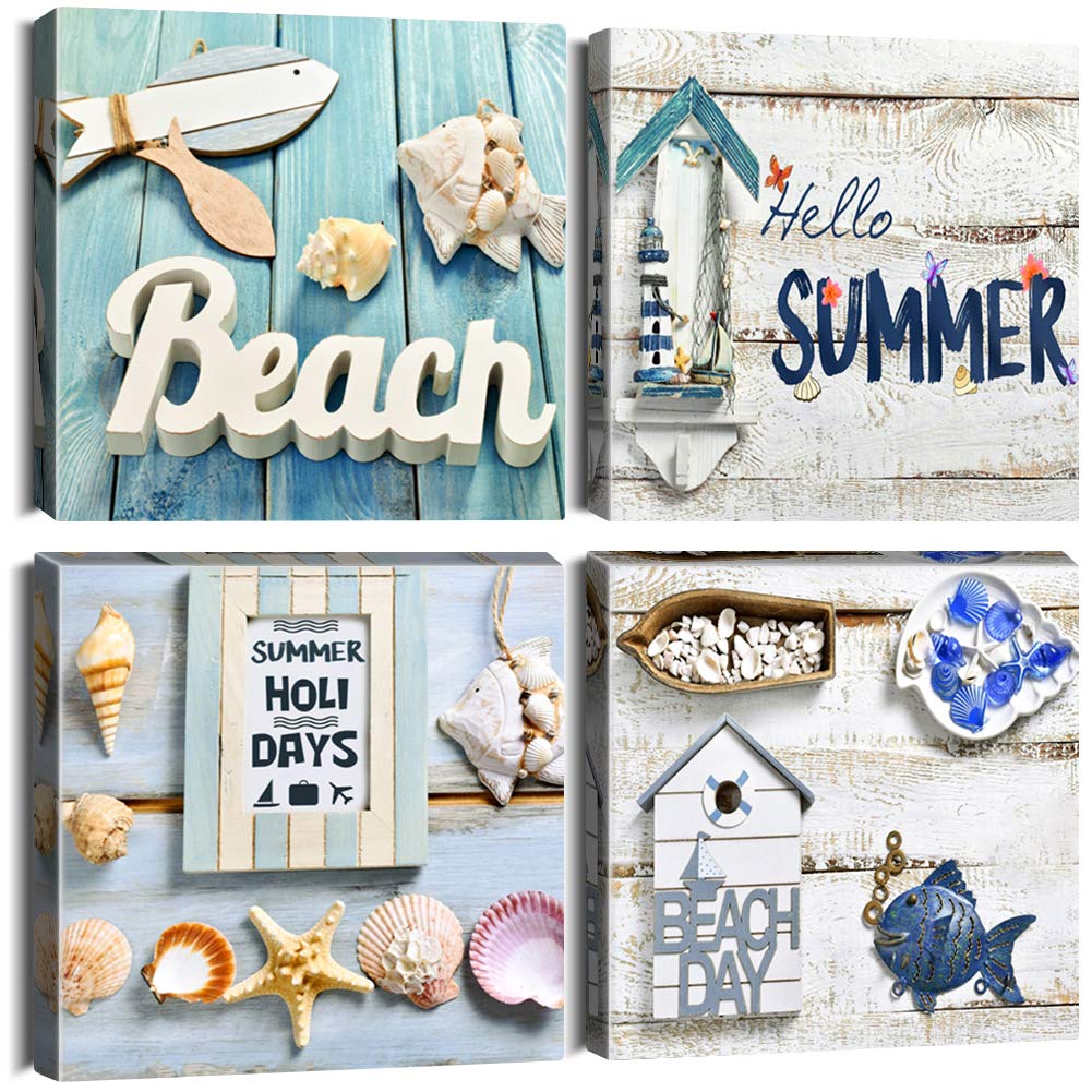 Artscope 4 Pieces Canvas Prints Wall Art - Beach Holiday Picture Painting- Modern Wall Artwork Framed For Bathroom Home Office D