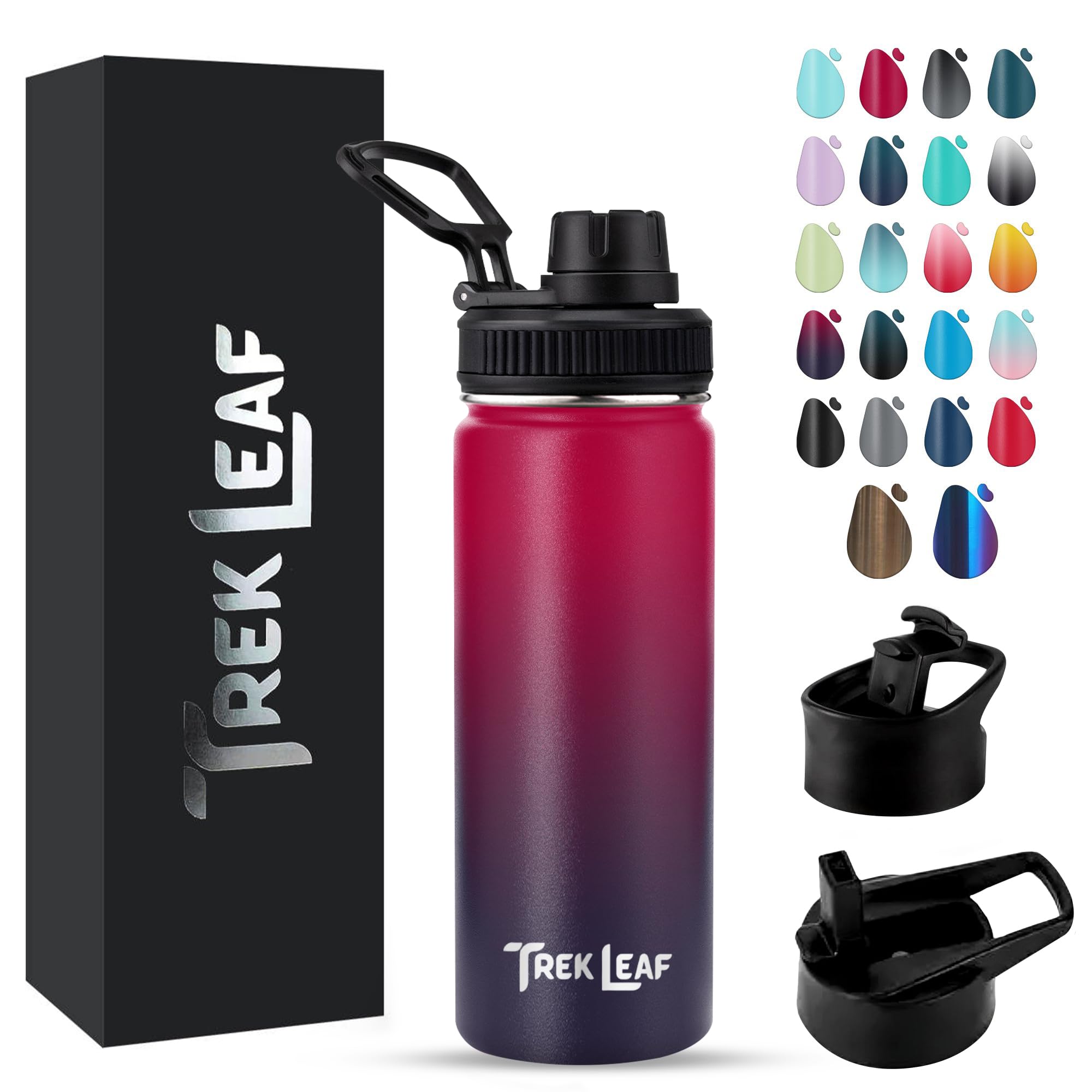 Trek Leaf Travel Water Bottle with 3 Lids (Spout, Straw, Flip) Leak Proof, Quality, Vacuum Insulated, Stainless Steel (Mixed Ber