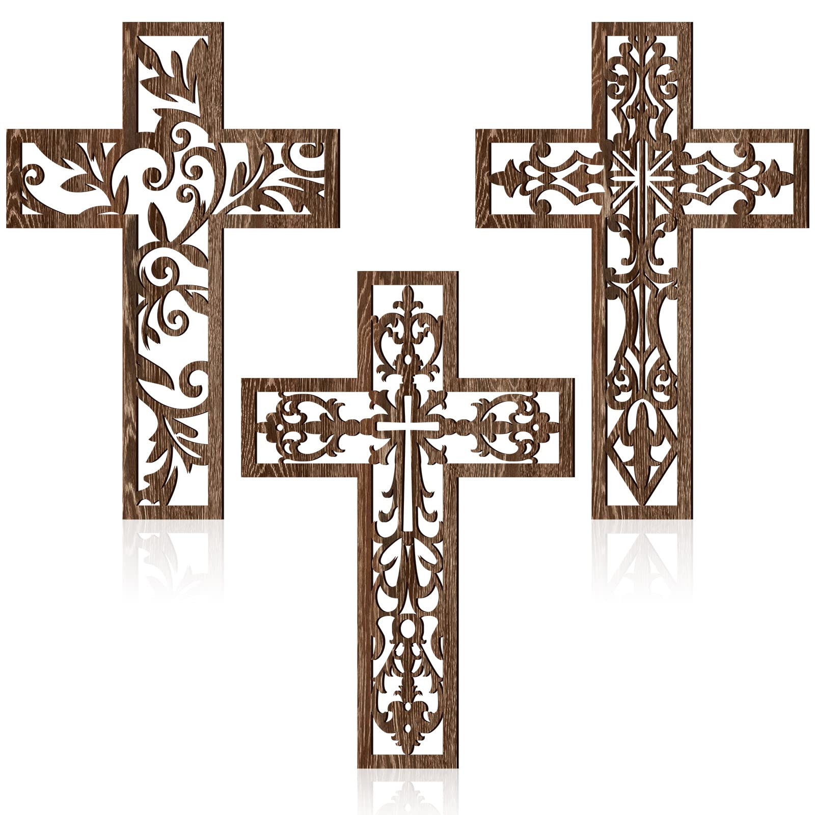 Yookeer 3 Pcs Wooden Cross Wall Decor Cross Hanging Handmade Antique Religious Brown Wooden Home Decorations Hand Carved Wall De