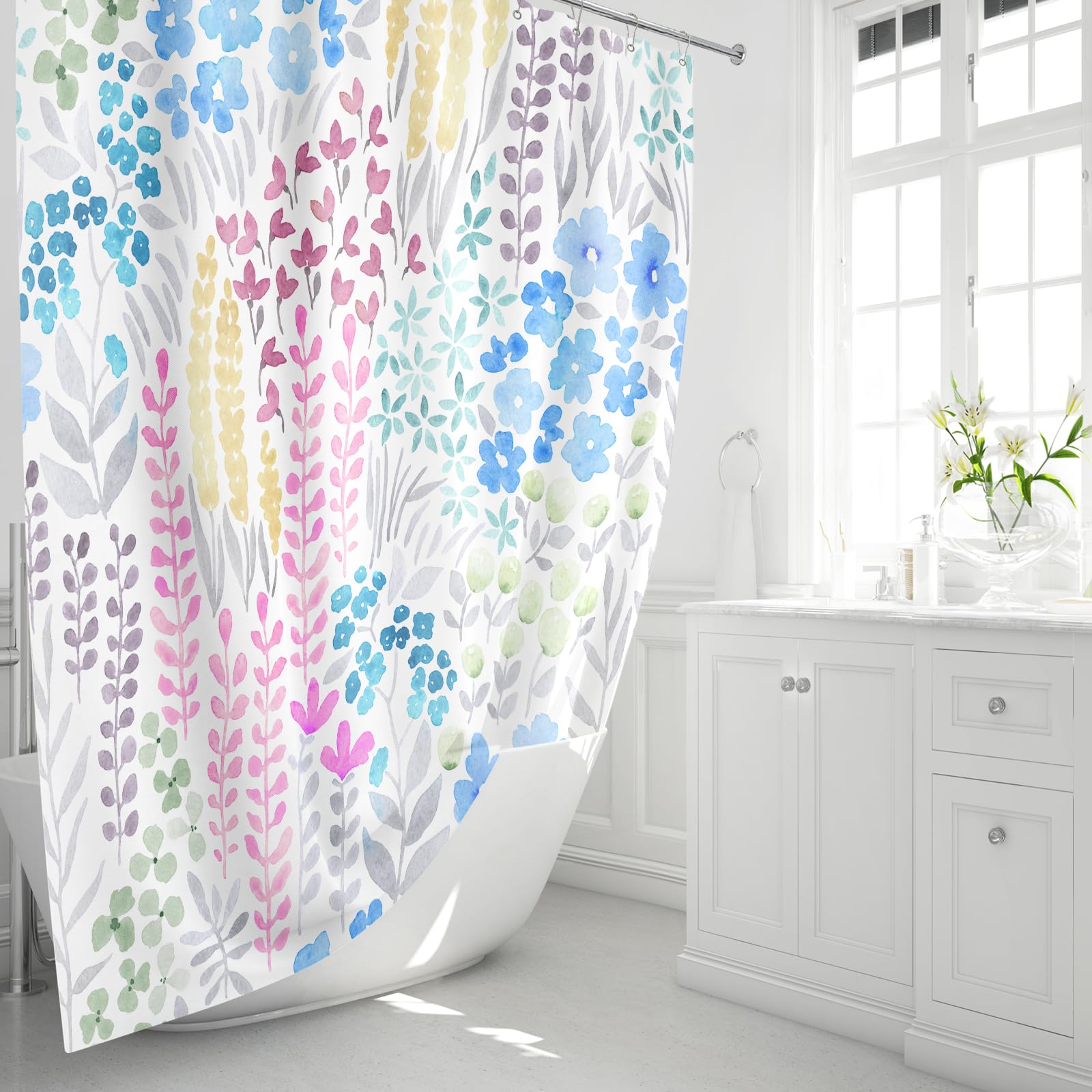 Mayzus Extra Long Shower Curtain 72 X 84 Inch, Tall Cute Floral Shower Curtain For Bathroom, Blue Pink Yellow Wildflower Boho Co