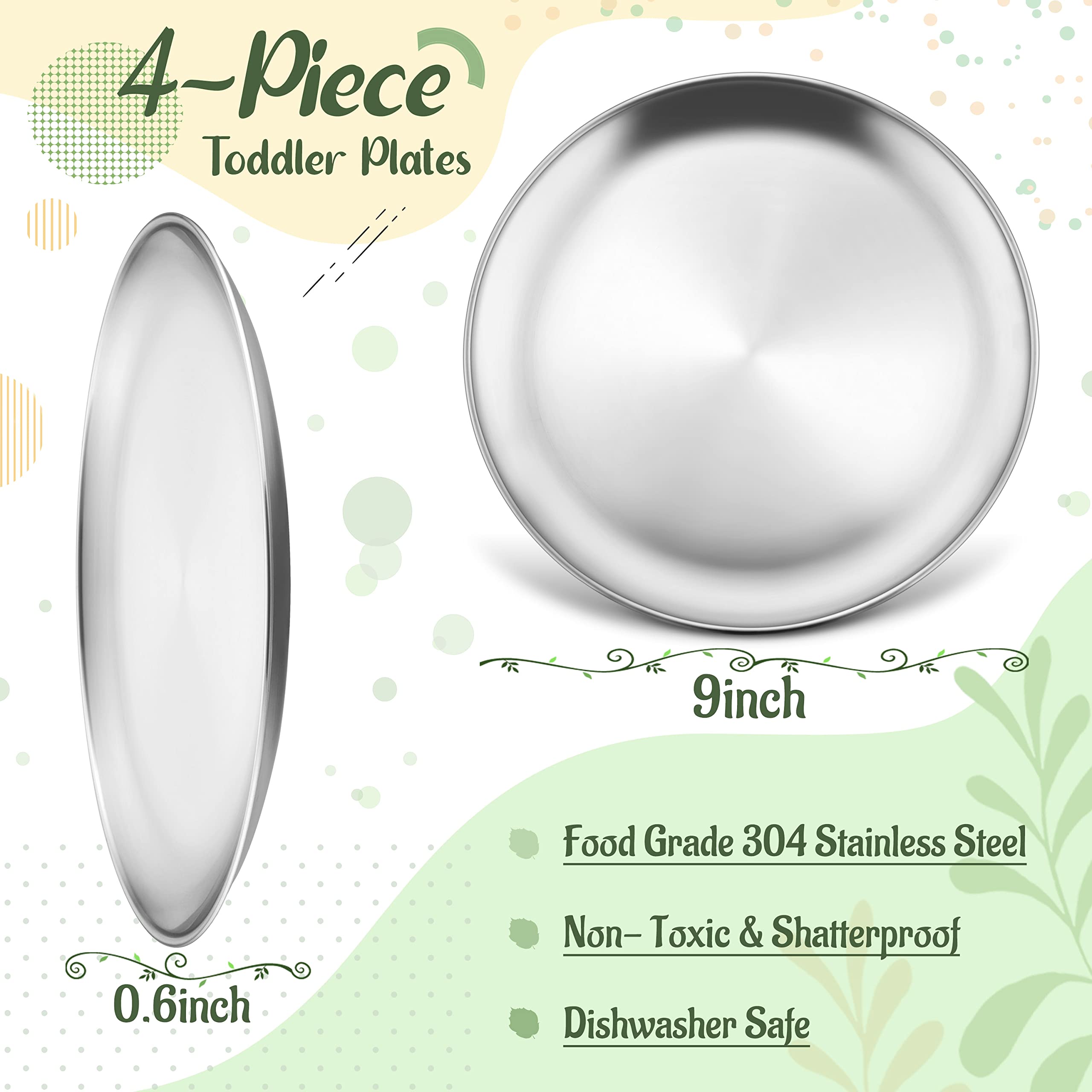 HaWare 4-Piece 18/8 Stainless Steel Plates  Metal 304 Dinner Dishes for Kids Toddlers Children  9 Inch Feeding Serving Camping Plates  Reusable Dinnerware  Shatterproof & Non-toxic  Dishwasher Safe