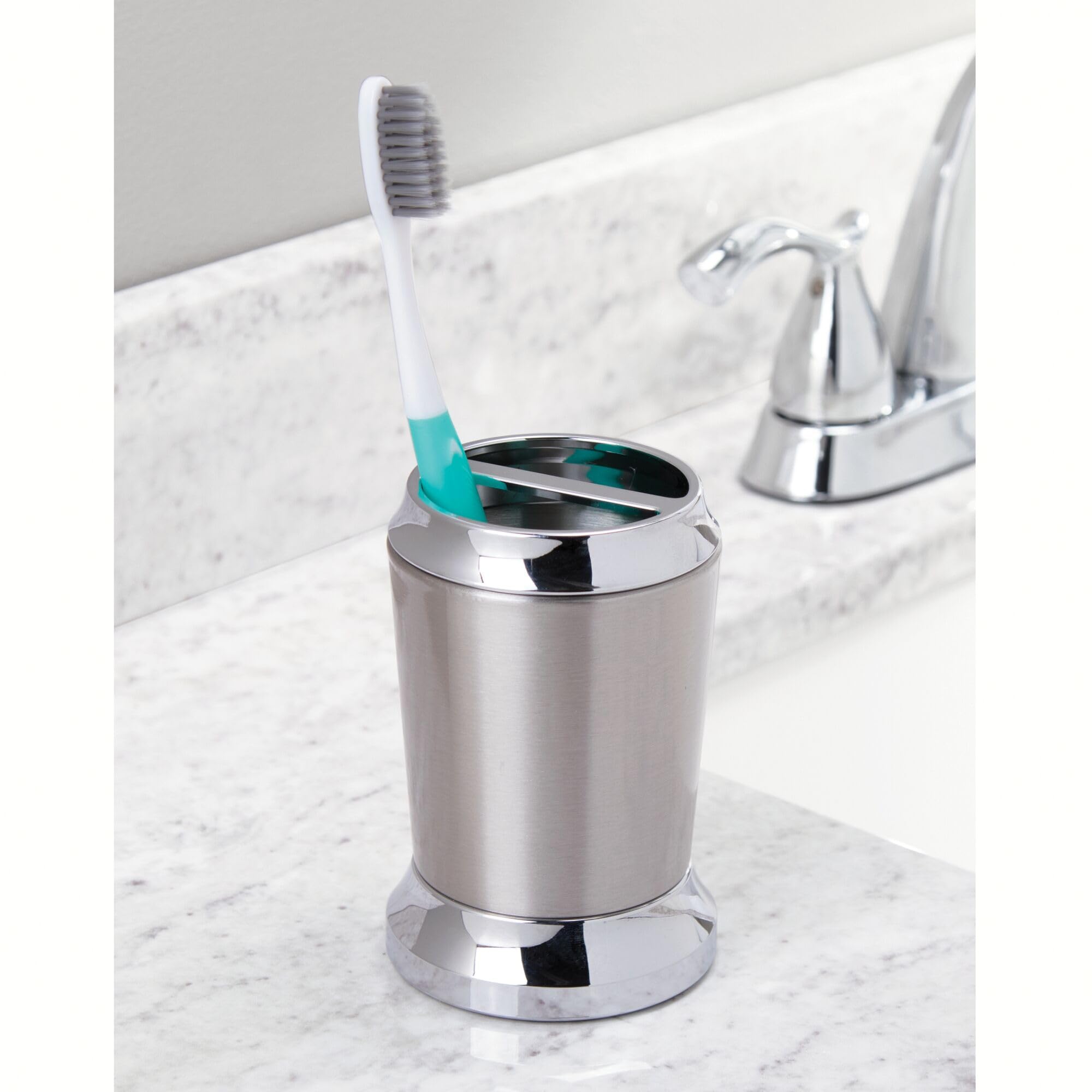 Idesign Stainless Steel Toothbrush Holder, The Preston Collection - 3'' X 3'' X 4.5   , Brushed & Chrome Split Finish