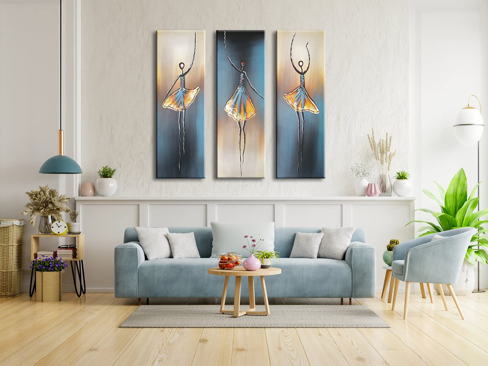 Wieco Art 3 Piece Dancing Ballerina Canvas Oil Paintings Wall Art Decor Large 100% Hand Painted Modern Gallery Wrapped Grey Ball