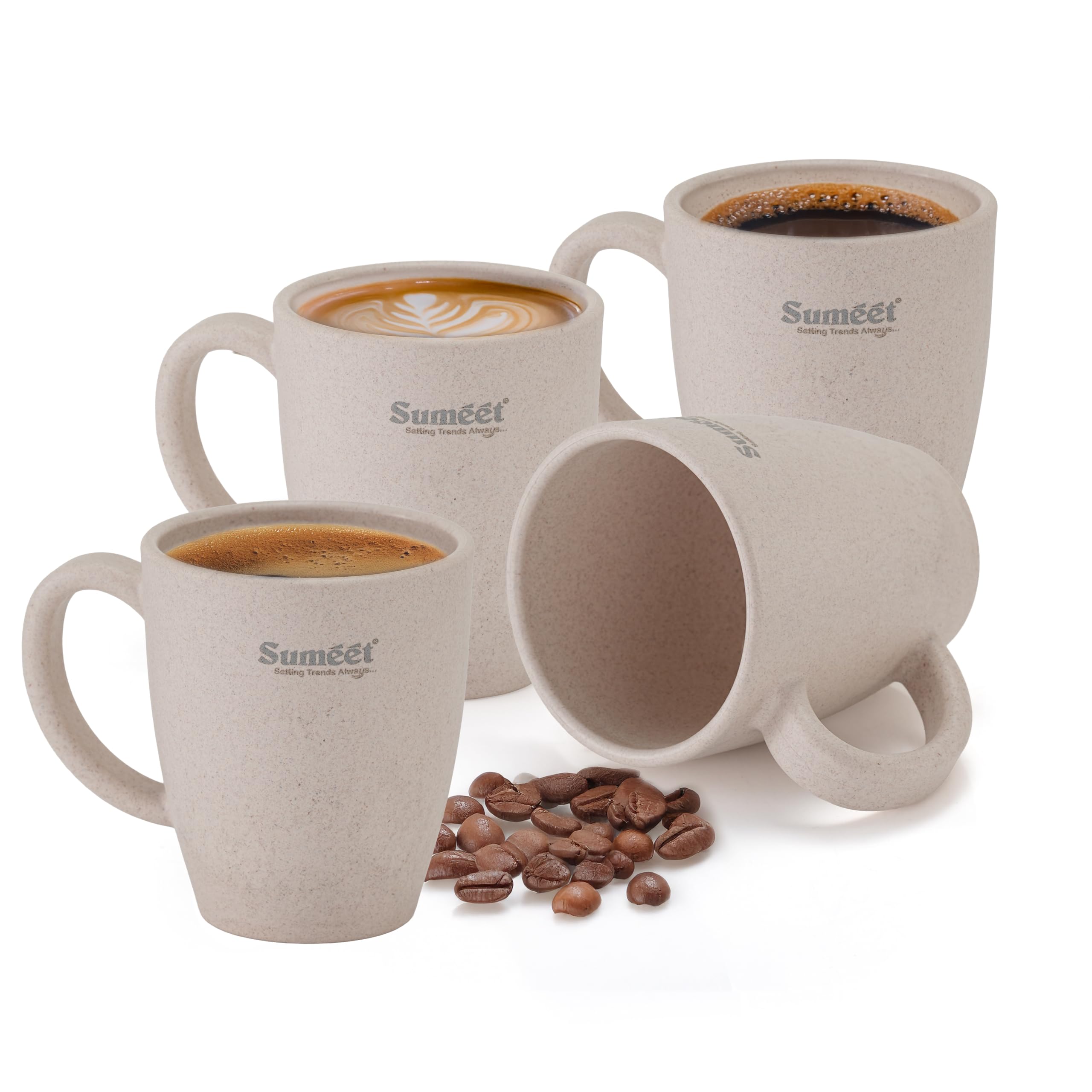Sumeet eco-Friendly Tea & Coffee Mugs  350 ml  Set of 4  off-white - Sustainable Bamboo Fiber Mugs  Durable  Reusable  Microwave & Dishwasher Safe  Ideal for Tea & Coffee