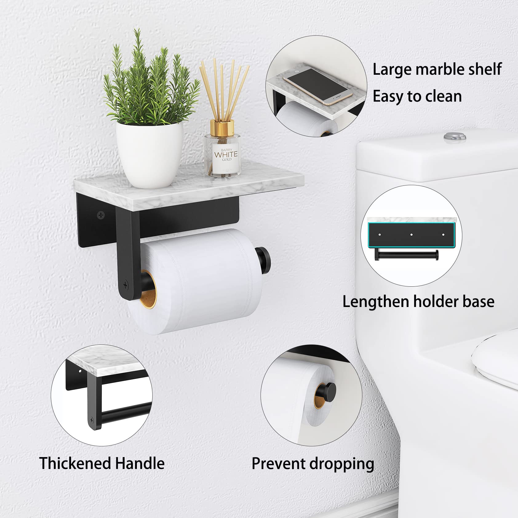 Gypie Marble Toilet Paper Holder with Shelf  304 Stainless Steel Screw Wall Mounted  Tissue Roll Holder for Bathroom Washroom Matte Black