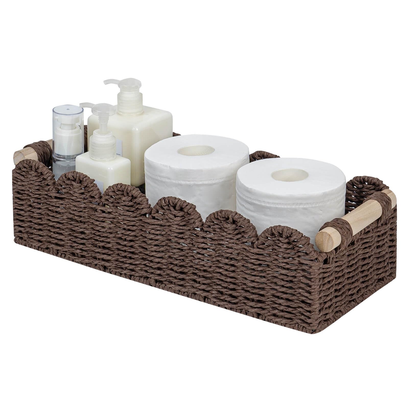 CubesLand Paper Rope Scalloped Edge Shelves Storage Basket, Woven Toilet Paper Baskets for Over Toilet Storage Shelf, Ending Tab