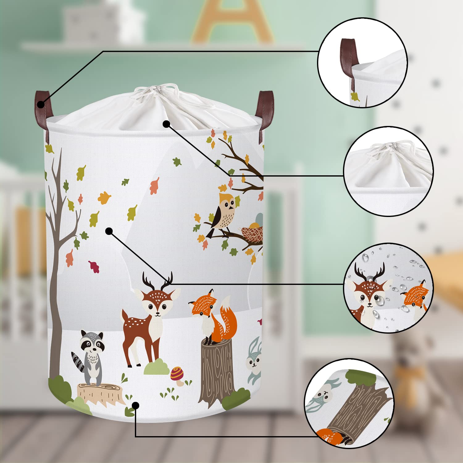 Clastyle 45L Woodland Animals Laundry Basket Collapsible Waterproof Forest Fox Storage Basket With Handle Kids Room Jungle Deer