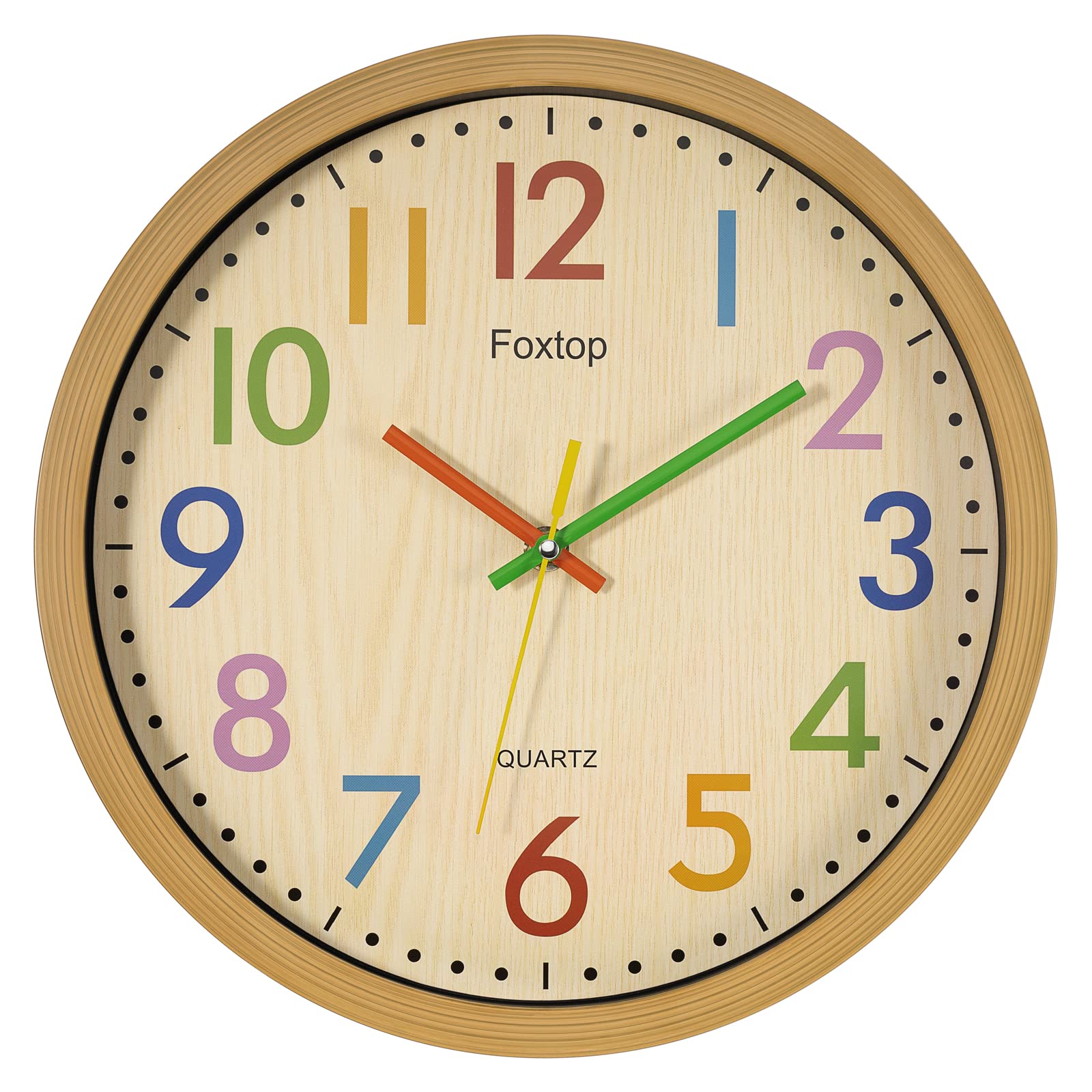 Foxtop Learning Clock For Kids - Telling Time Teaching Clock 12 Inch Silent Non-Ticking Battery Operated Kids Wall Clock For Kid