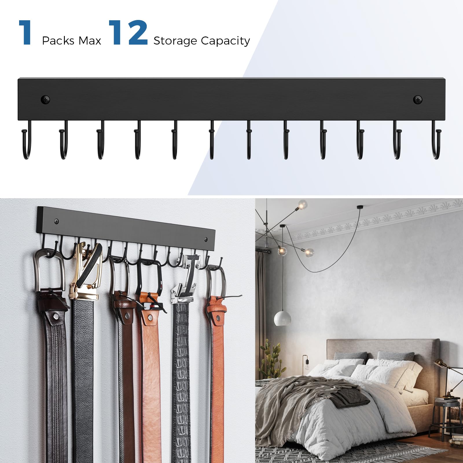 Belt Hanger Wall Mounted, Wooden Belt Organizer Max 12 Storage Capacity, 180 Rotating Space Saving Hangers For Ties, Tank Tops,