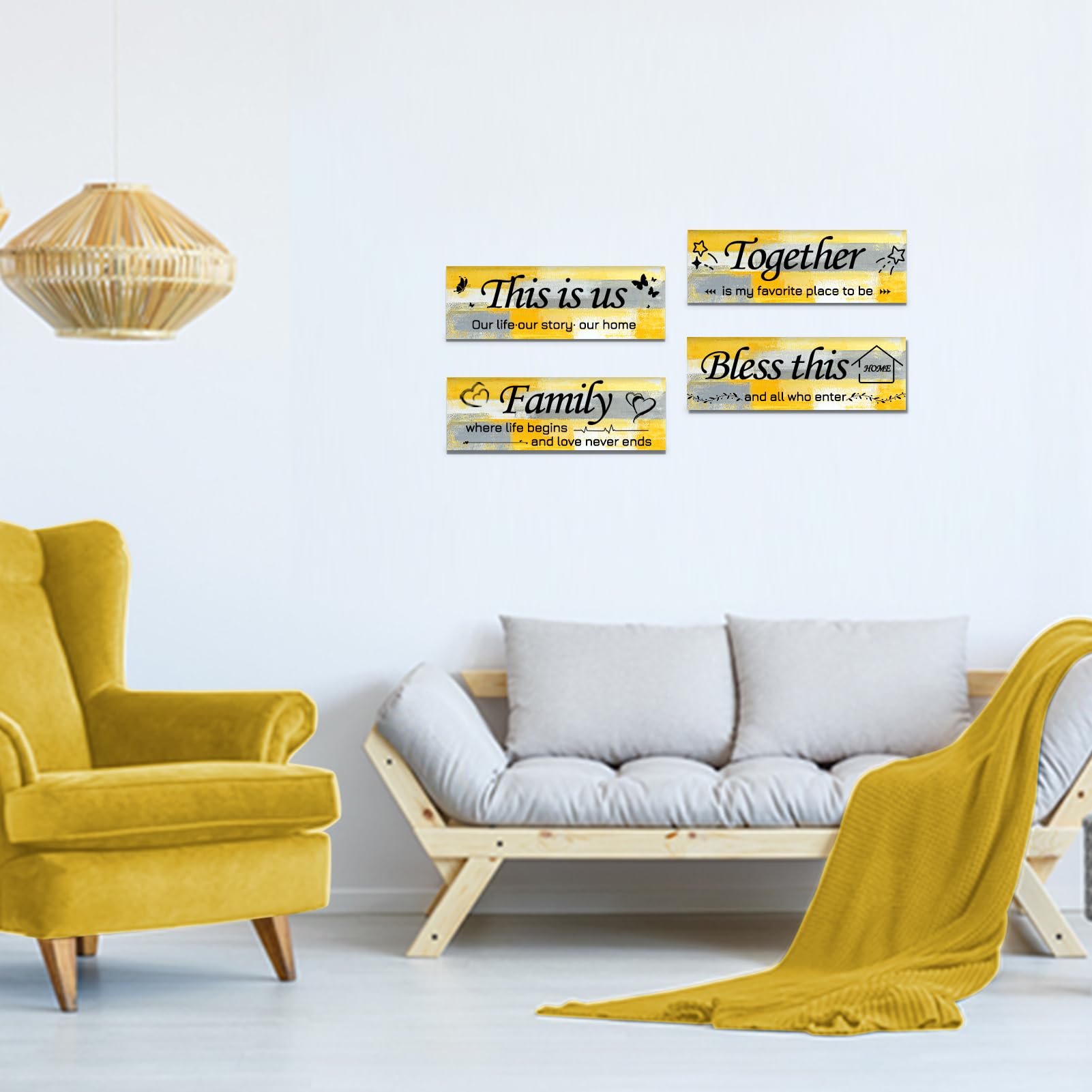 Lnond 4 Pieces Yellow Abstract Living Room Wall Decor, Motivational Home Family Rustic Wall Art Decor for Bedroom Living Room, R
