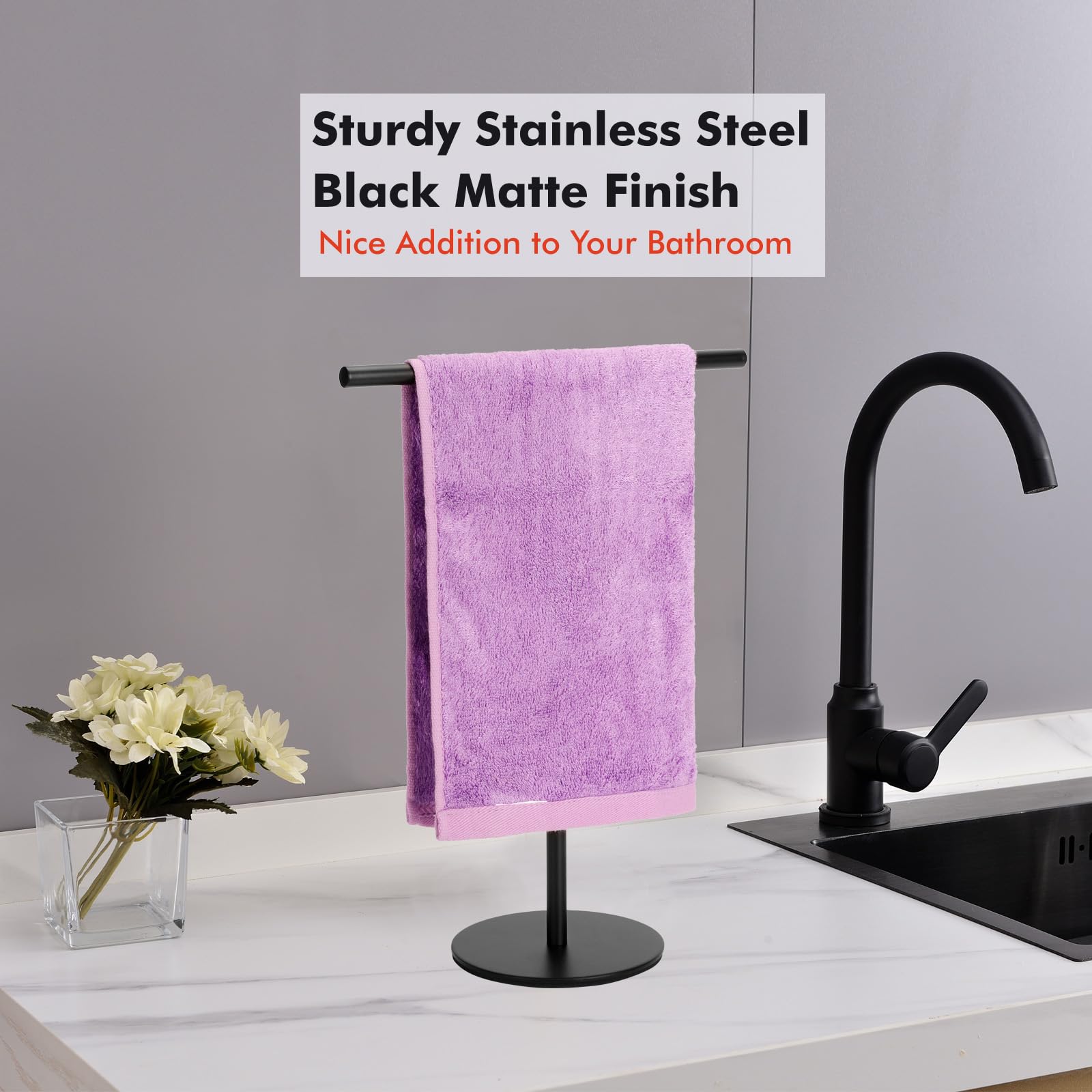 Exilon Black Hand Towel Holder Stand For Bathroom Vanity Countertop Stainless Steel T-Shape Freestanding Towel Rack Stand Towel