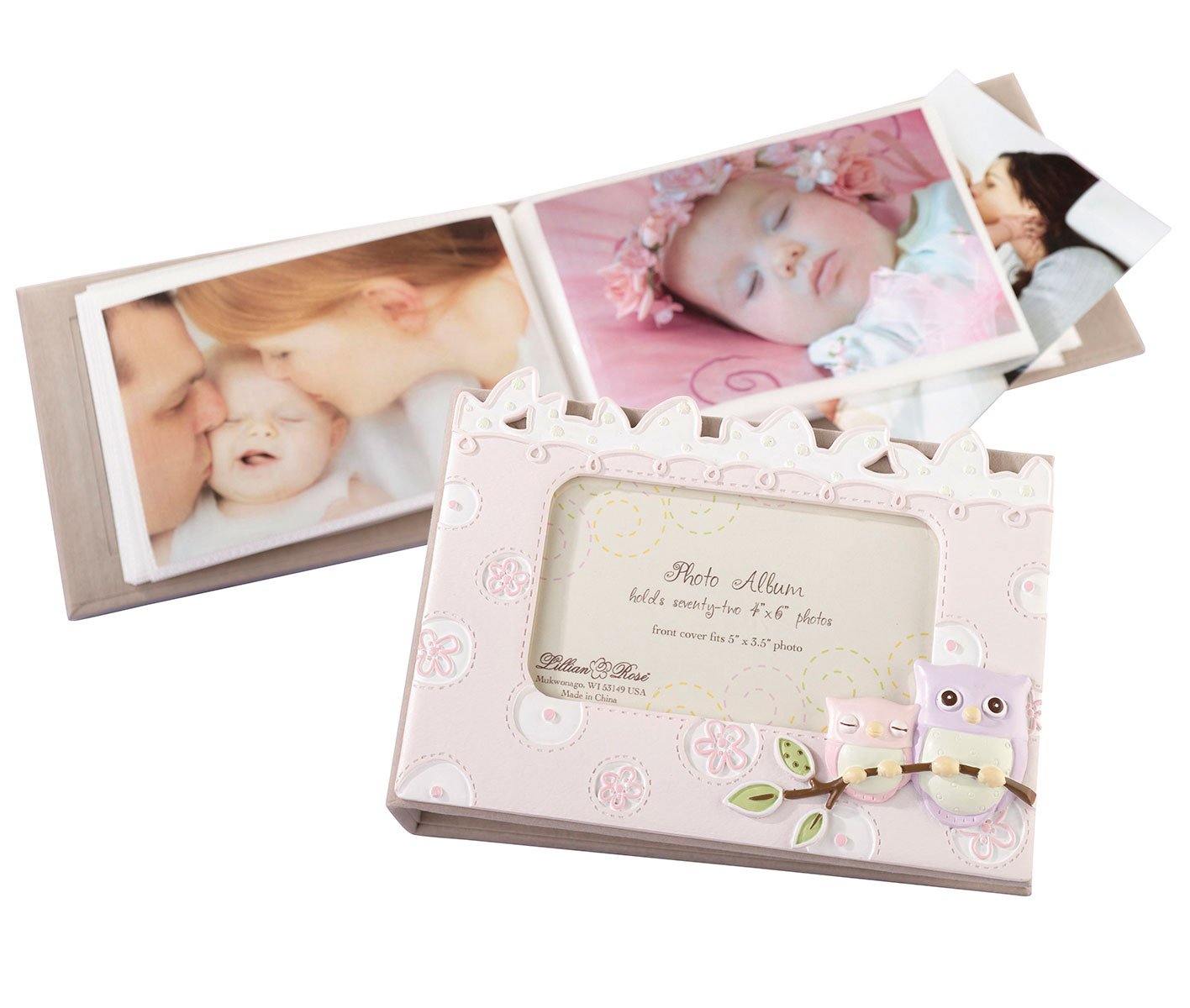Lillian Rose Photo Album with Photo Frame On Cover, Pink Owl, 4.75 x 7