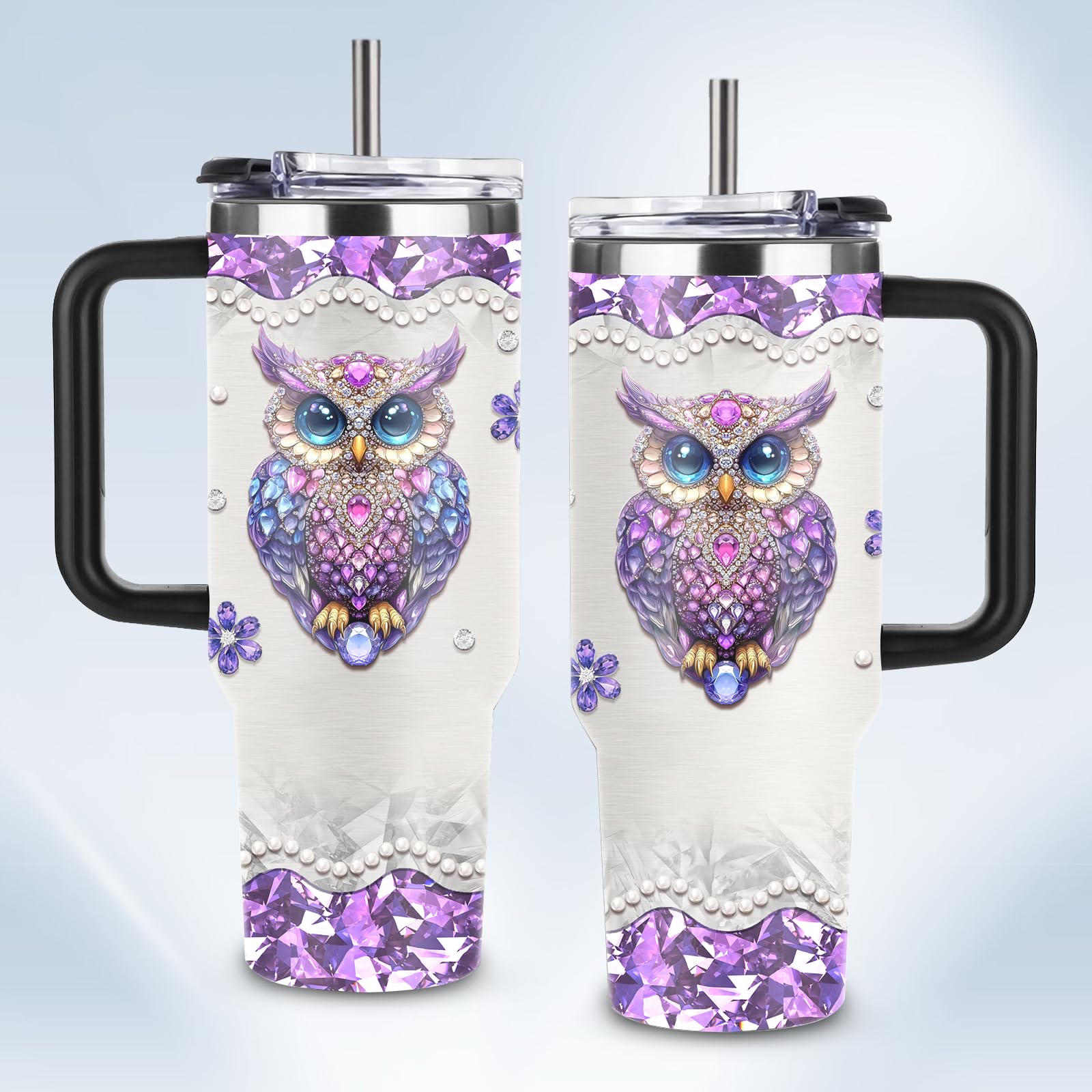 HYMONA Owl Gifts for Women Cups Tumbler with Handle 40oz Unique Stainless Steel Insulated Owl Water Cups, Christmas Birthday Gif