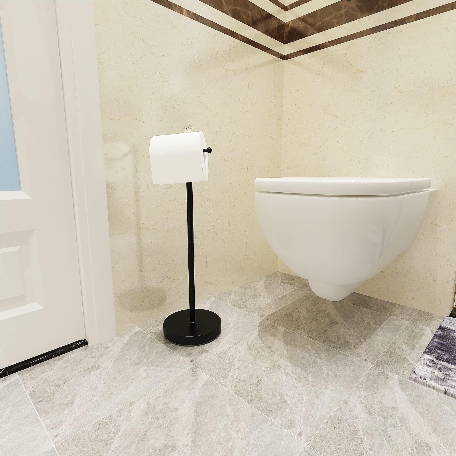 ROLABAM Heavy Weighted Toilet Paper Holder (with Reserve Function) Free Standing Toilet Paper Holder Stand for Bathroom Total Height 24.4'' with Crystal Ball Matte Black Finished