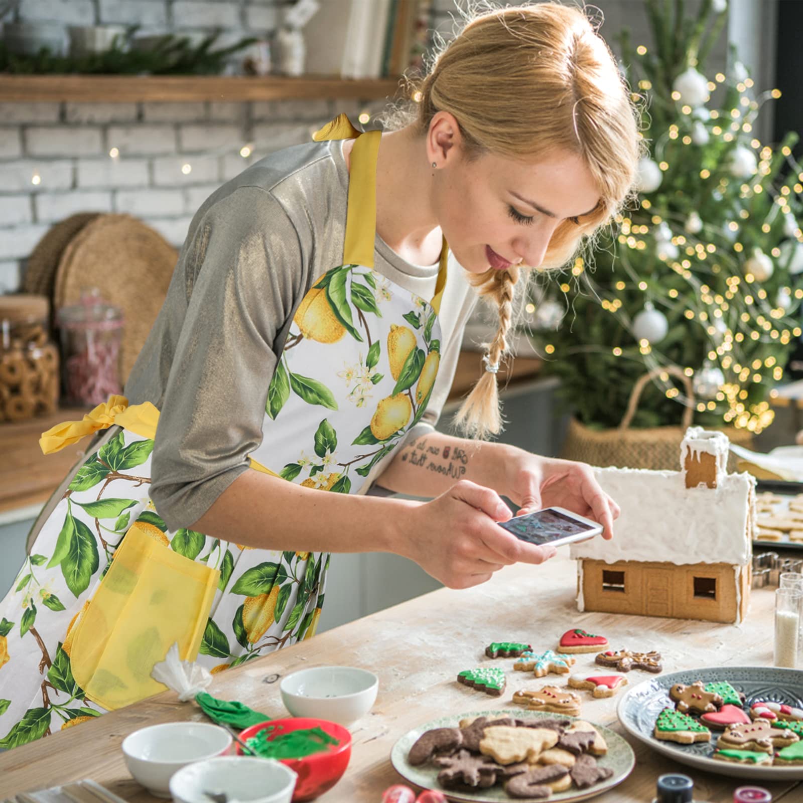 G2Plus Thick Lemon Cotton Apron, Kitchen Apron For Women, Adjustable Cooking Apron With Pocket For Baking, Garden, Christmas