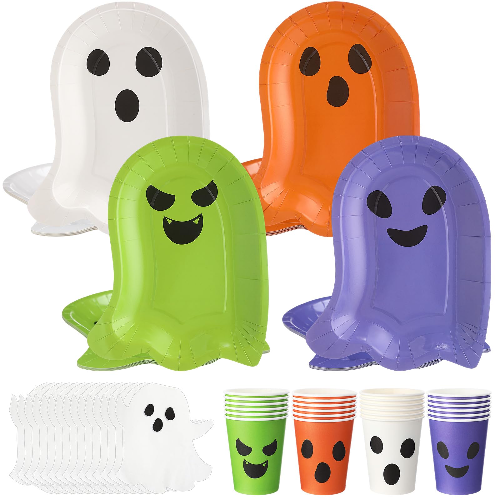 Vesici 72 Pcs Halloween Paper Plates Cups Napkins Boo Ghost Disposable Dinner Plates Cute Ghost Shape Paper Napkins Tableware Se