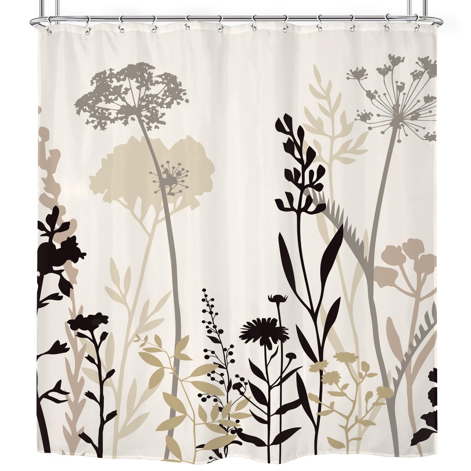 Omifly Beige Cream Floral Shower Curtain 72Wx72H Inch Taupe Brown Silhouette Wildflower Rustic Boho Plant Botanical Vintage Abst