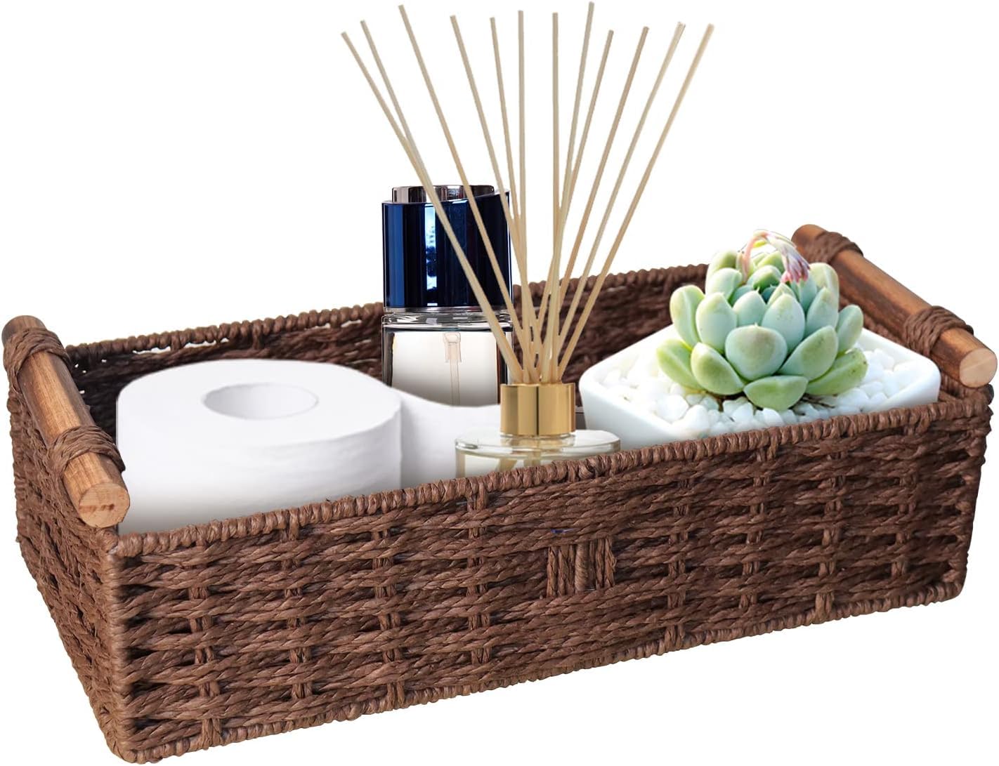 Brown Paper Rope Wicker Storage Basket with Wooden Handle - Decorative Handwoven Bin for Toilet Paper, Bathroom Countertop, Vani