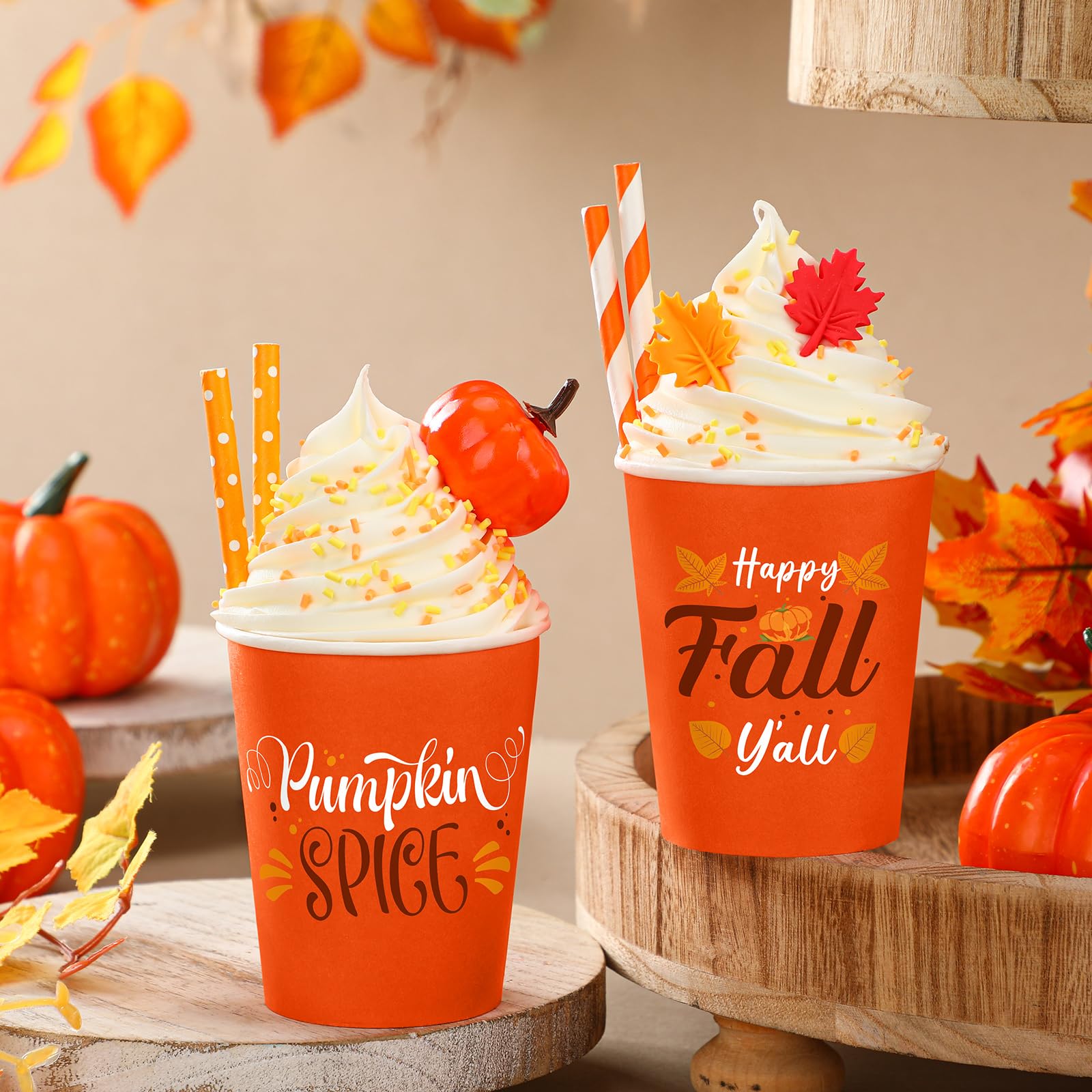 Yungyan 2 Pack Fall Tiered Tray Decor with Faux Whipped Cream Cups Fall Decoration Autumn Table Centerpiece Kitchen Decor Pumpki