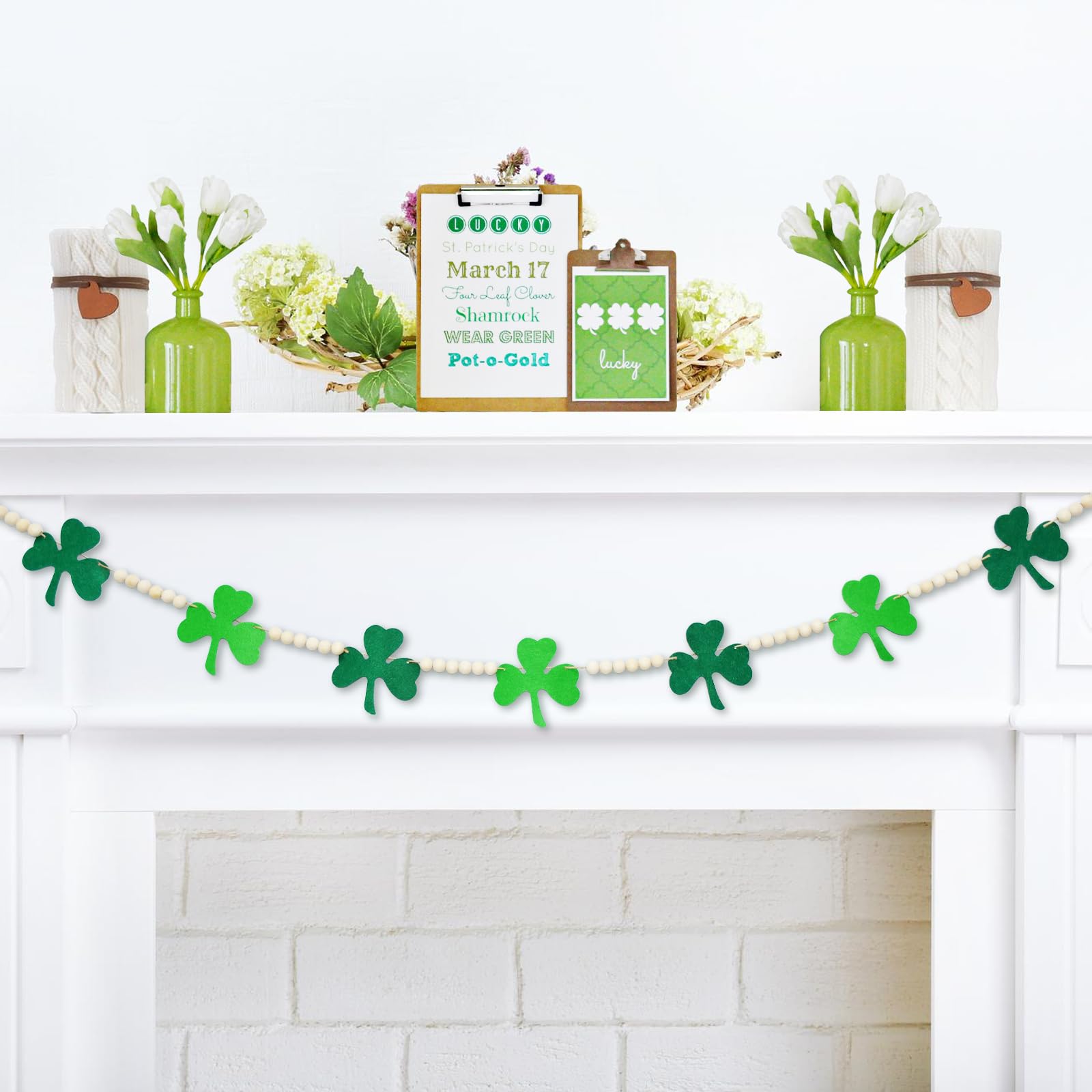 4.2 Ft St. Patrick'S Day Wooden Beads Garland With Clover Charms, Irish-Themed Shamrock Beaded Tiered Tray Decor, Rustic Farmhou