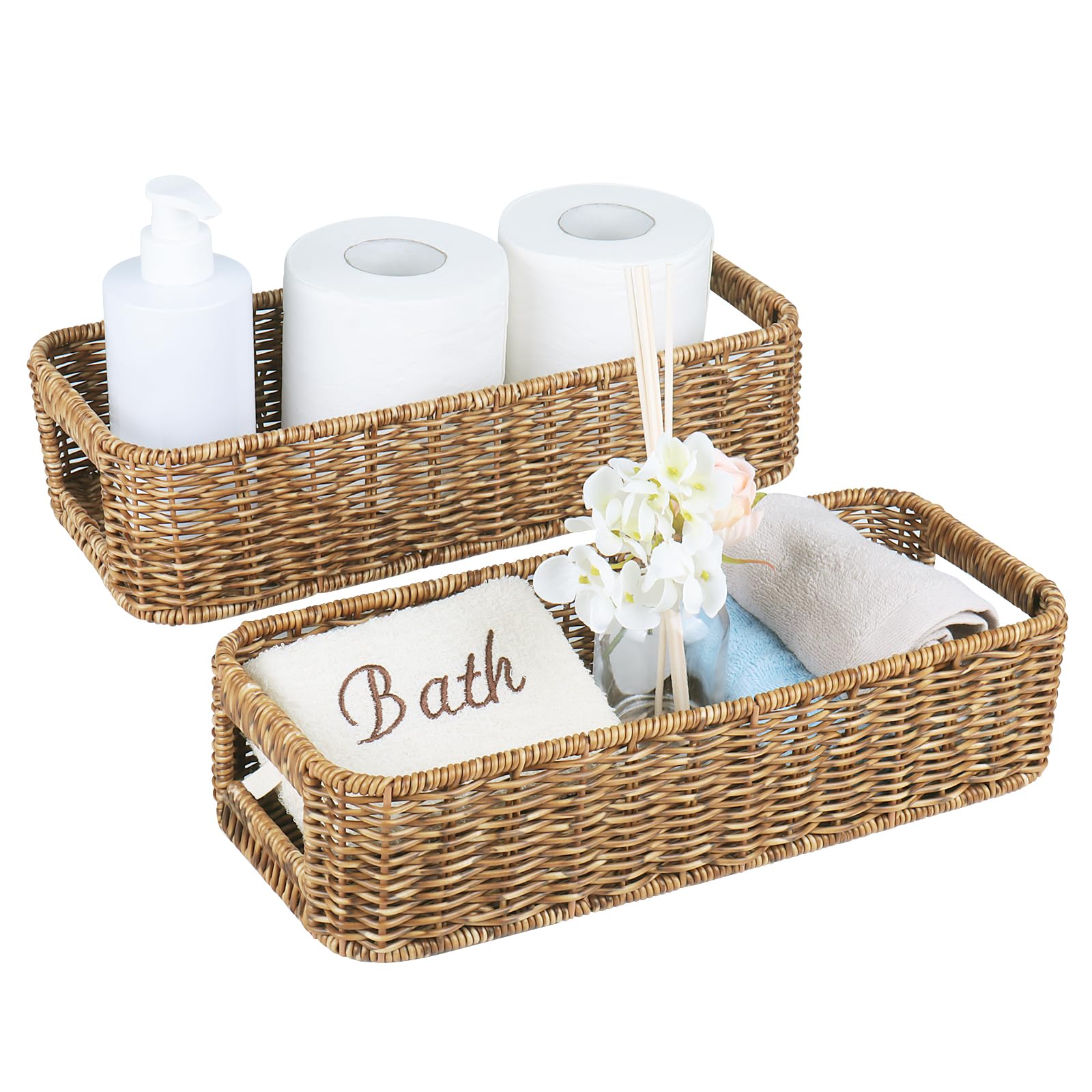 Upinfree Small Wicker Basket For Toilet: Waterproof Storage Basket Organizing Over Tank Topper Tan 2Pack