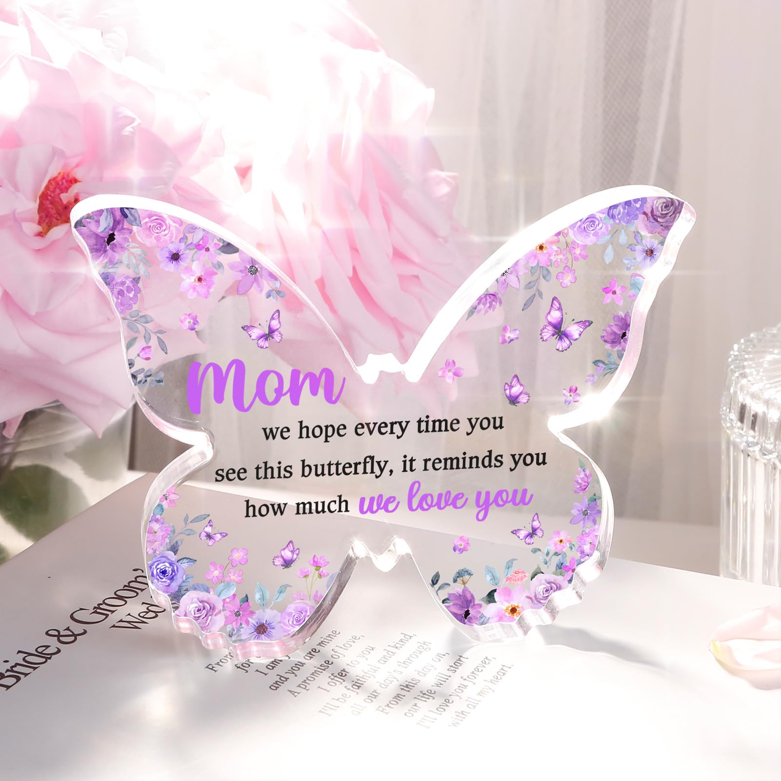 Glydein Christimas Gifts for Mom, Mom Birthday Gifts from Daughter Son, Unique Purple Butterfly Acrylic Plaque Desk Decor, Mothe