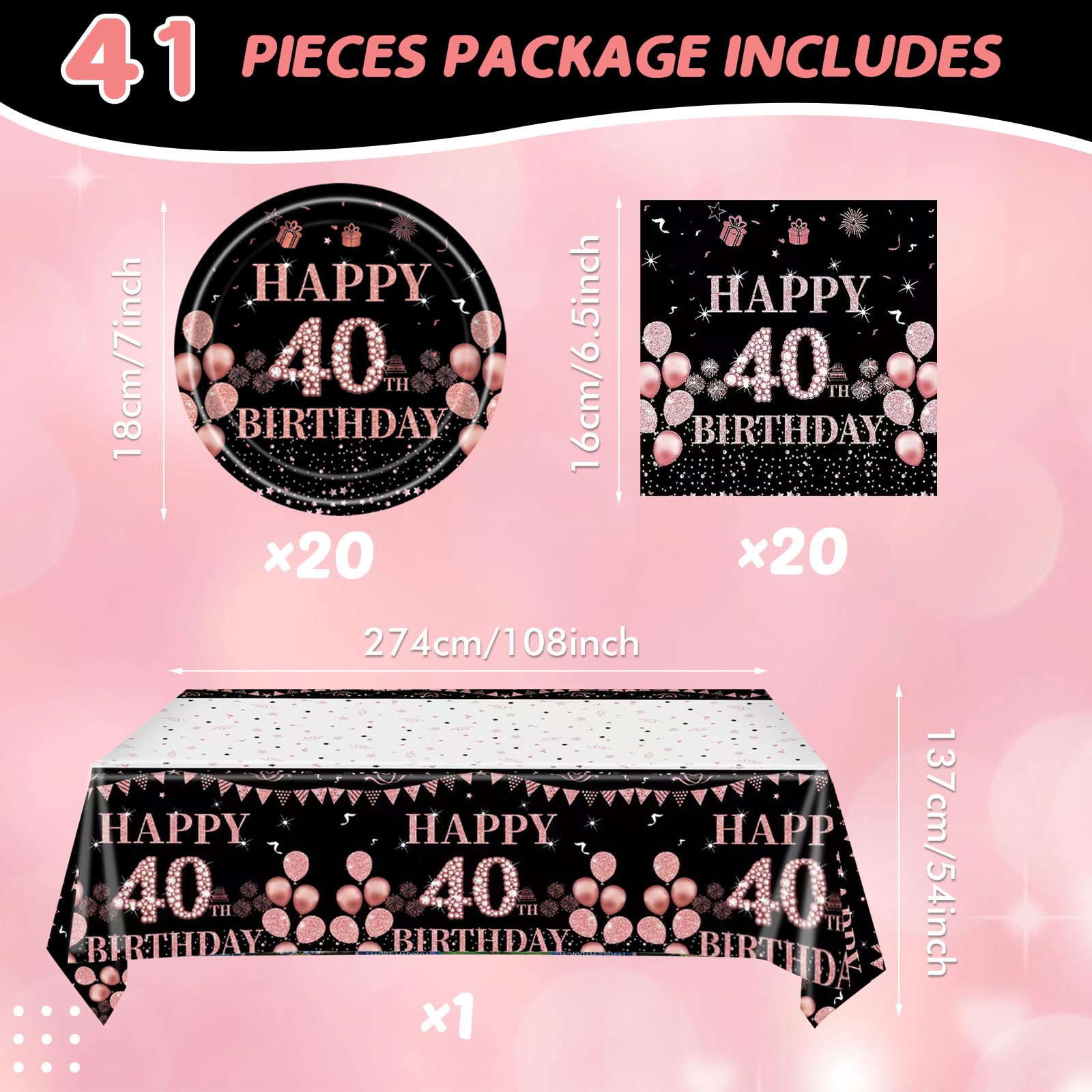 41Pcs 40Th Birthday Decorations For Women, Vintage 40 Birthday Black And Rose Gold Disposable Paper Plates And Napkins Party Sup
